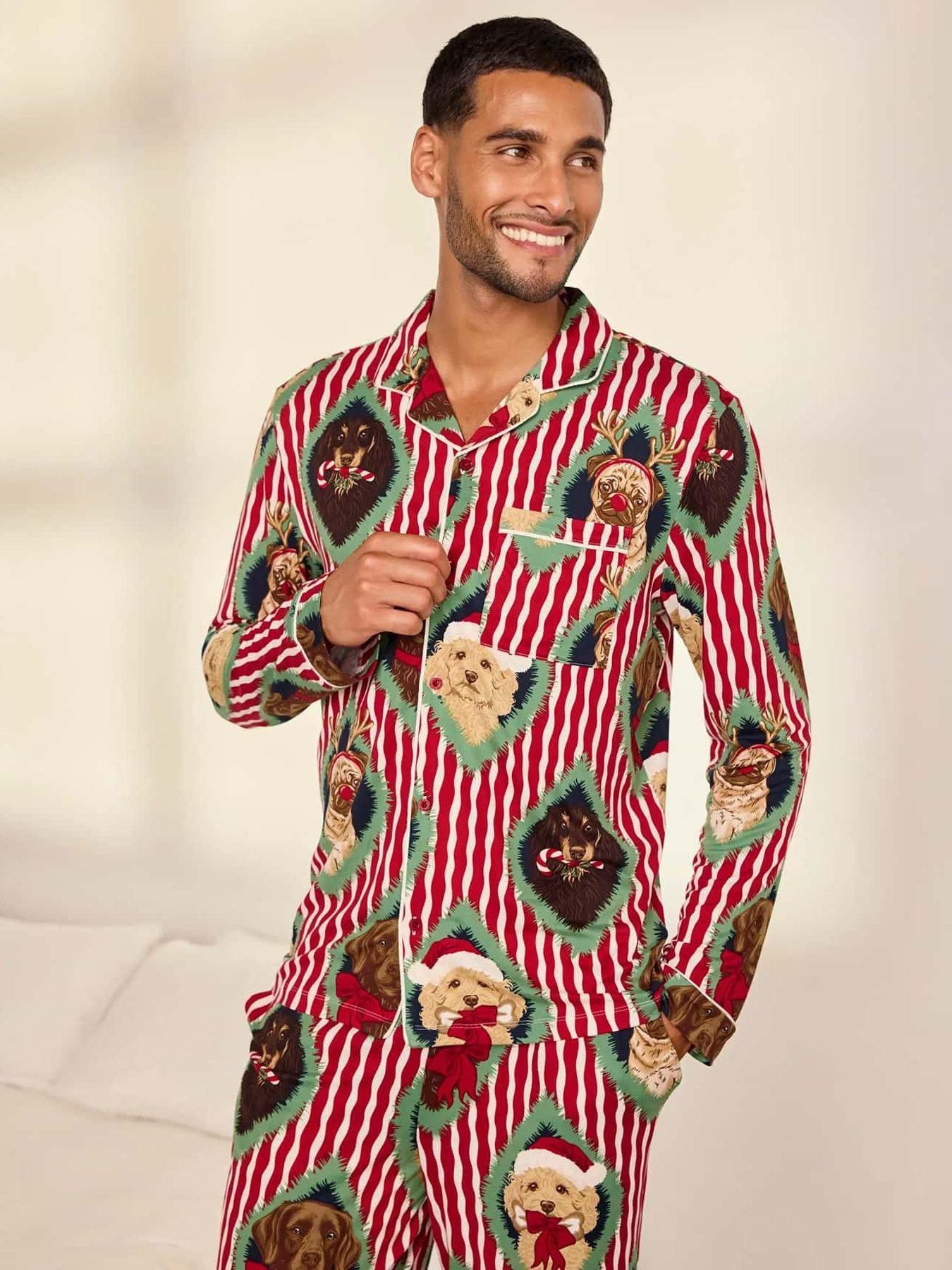 Image 5 of 7 of CHELSEA PEERS Men's Christmas Chip &amp; Friends Stripe Print Long Pyjama Set - Red
