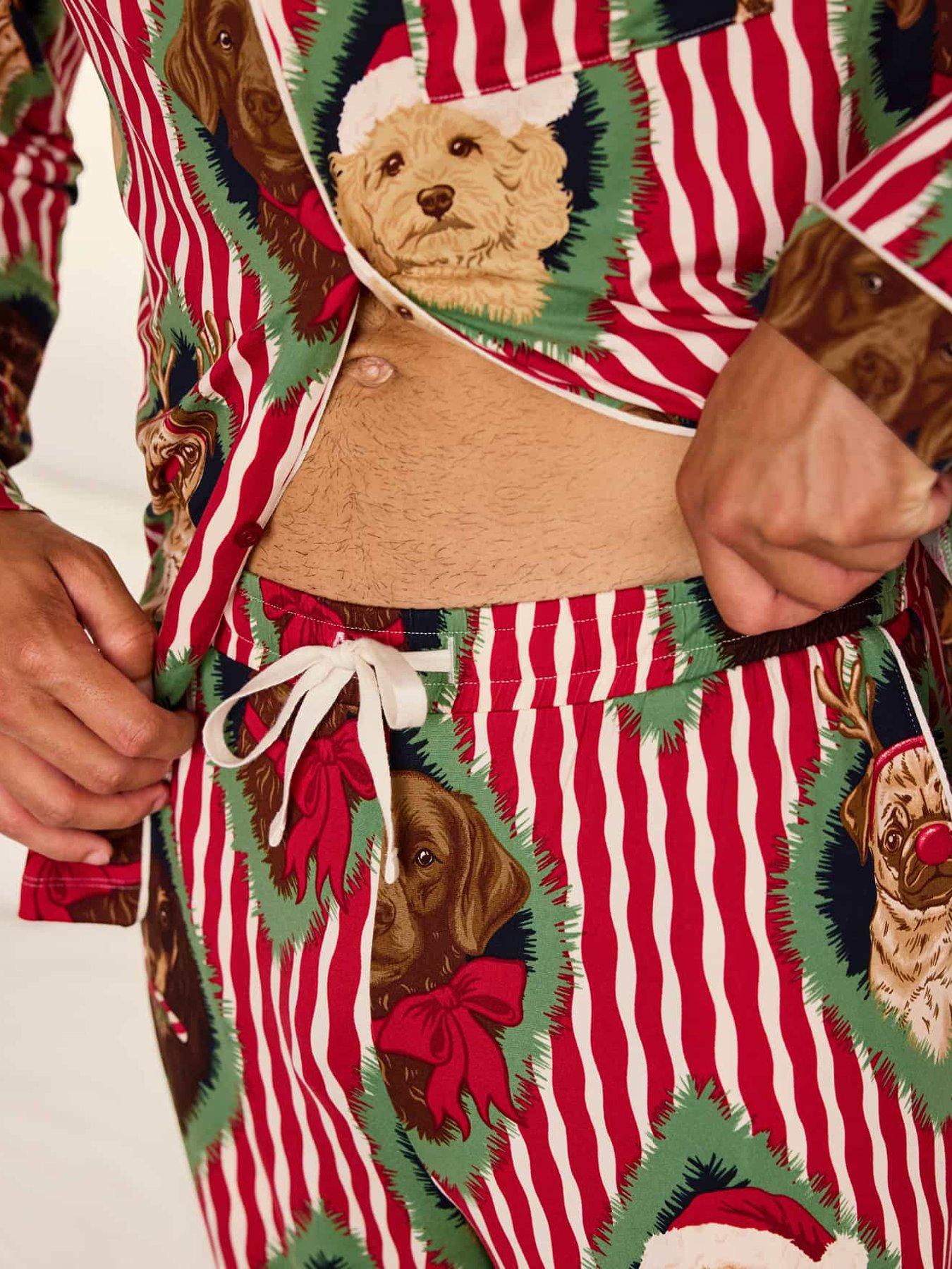 Image 6 of 7 of CHELSEA PEERS Men's Christmas Chip &amp; Friends Stripe Print Long Pyjama Set - Red