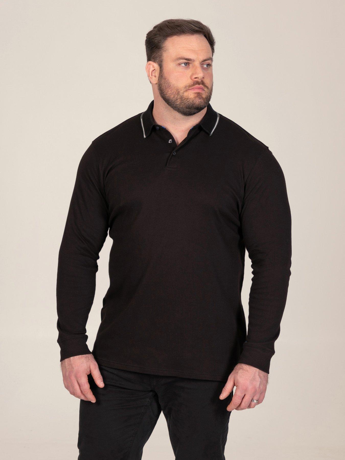 Image 1 of 7 of D555 Mens Jacquard Collar Contrast Tipping Long Sleeve Polo Shirt - Black