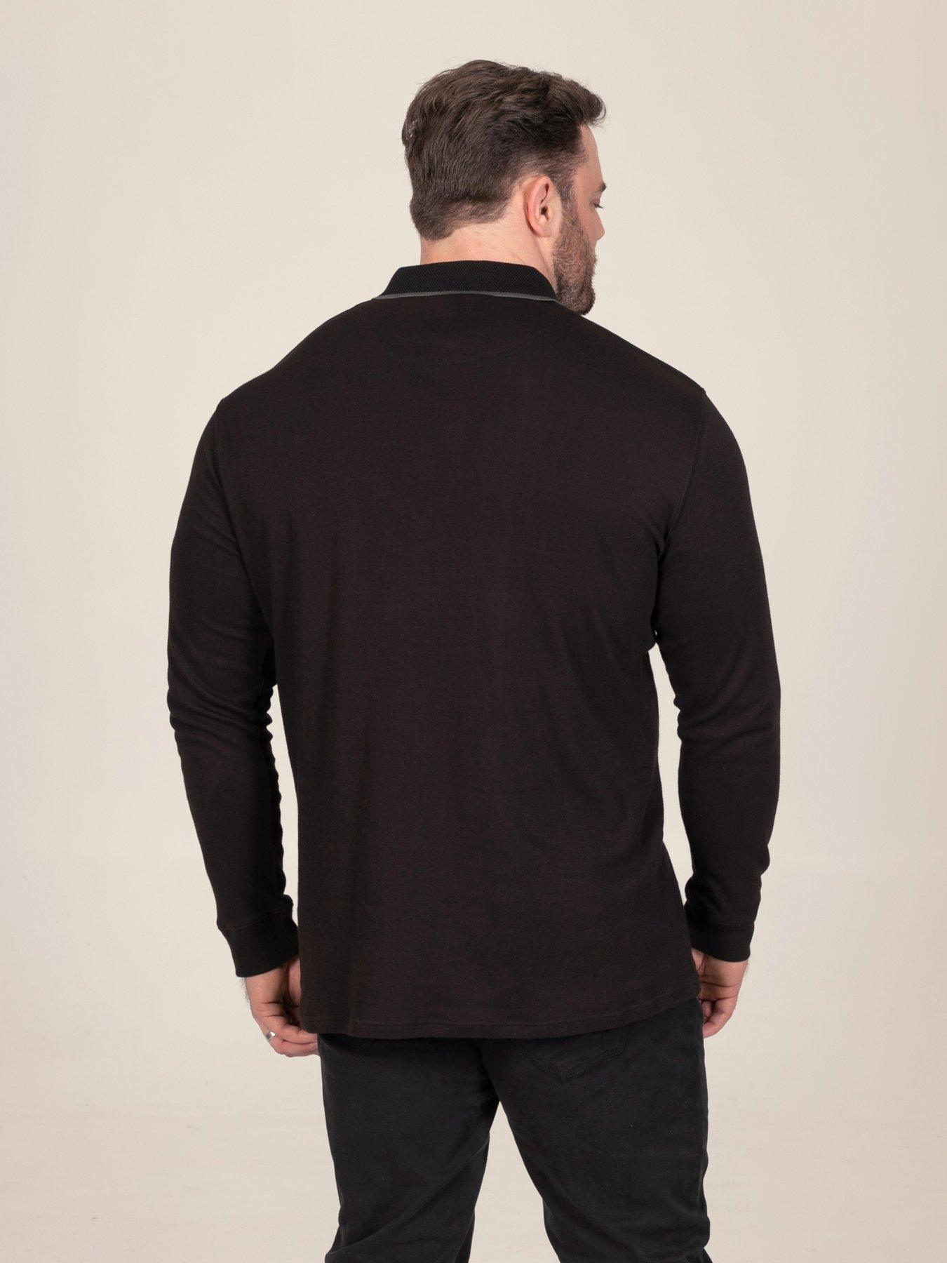 Image 2 of 7 of D555 Mens Jacquard Collar Contrast Tipping Long Sleeve Polo Shirt - Black