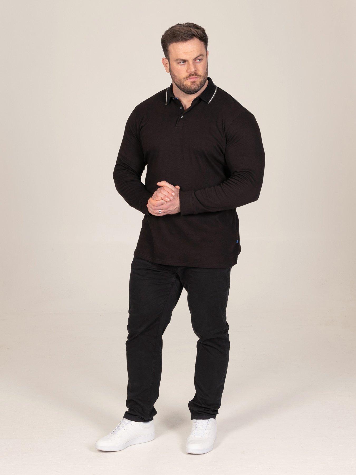Image 3 of 7 of D555 Mens Jacquard Collar Contrast Tipping Long Sleeve Polo Shirt - Black