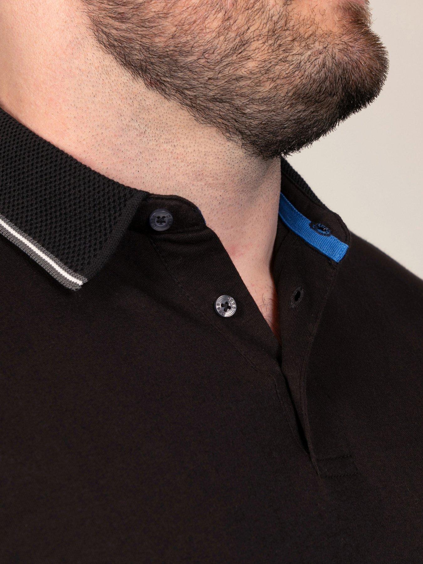 Image 5 of 7 of D555 Mens Jacquard Collar Contrast Tipping Long Sleeve Polo Shirt - Black