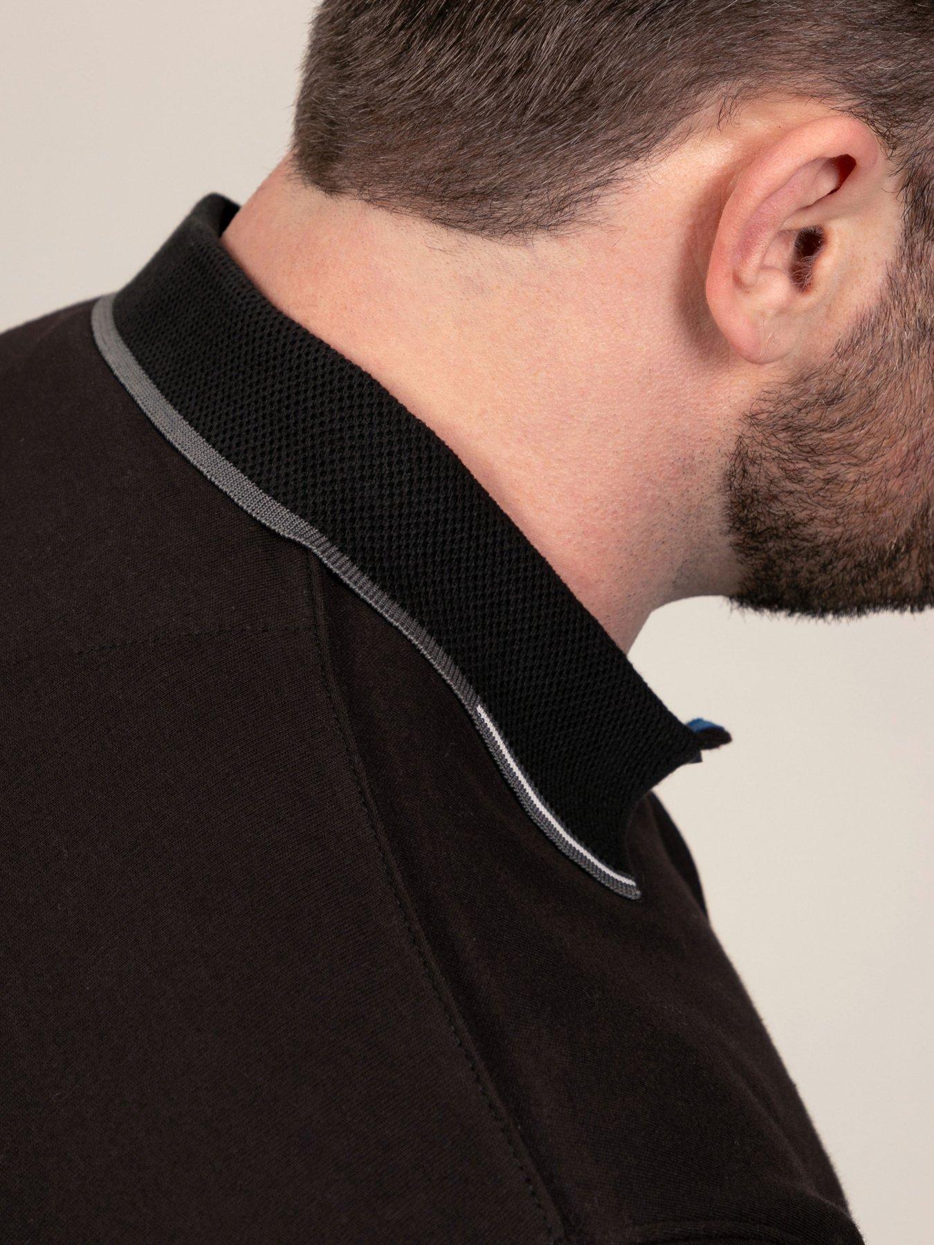 Image 6 of 7 of D555 Mens Jacquard Collar Contrast Tipping Long Sleeve Polo Shirt - Black