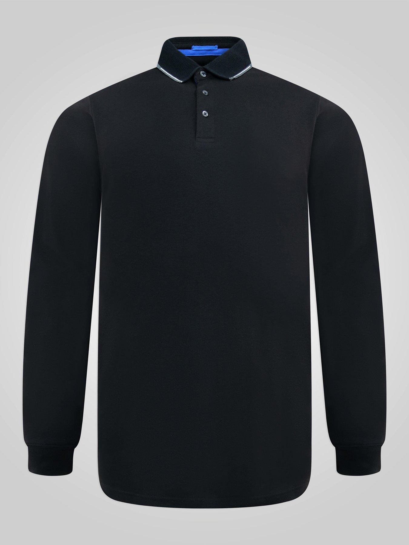 Image 7 of 7 of D555 Mens Jacquard Collar Contrast Tipping Long Sleeve Polo Shirt - Black