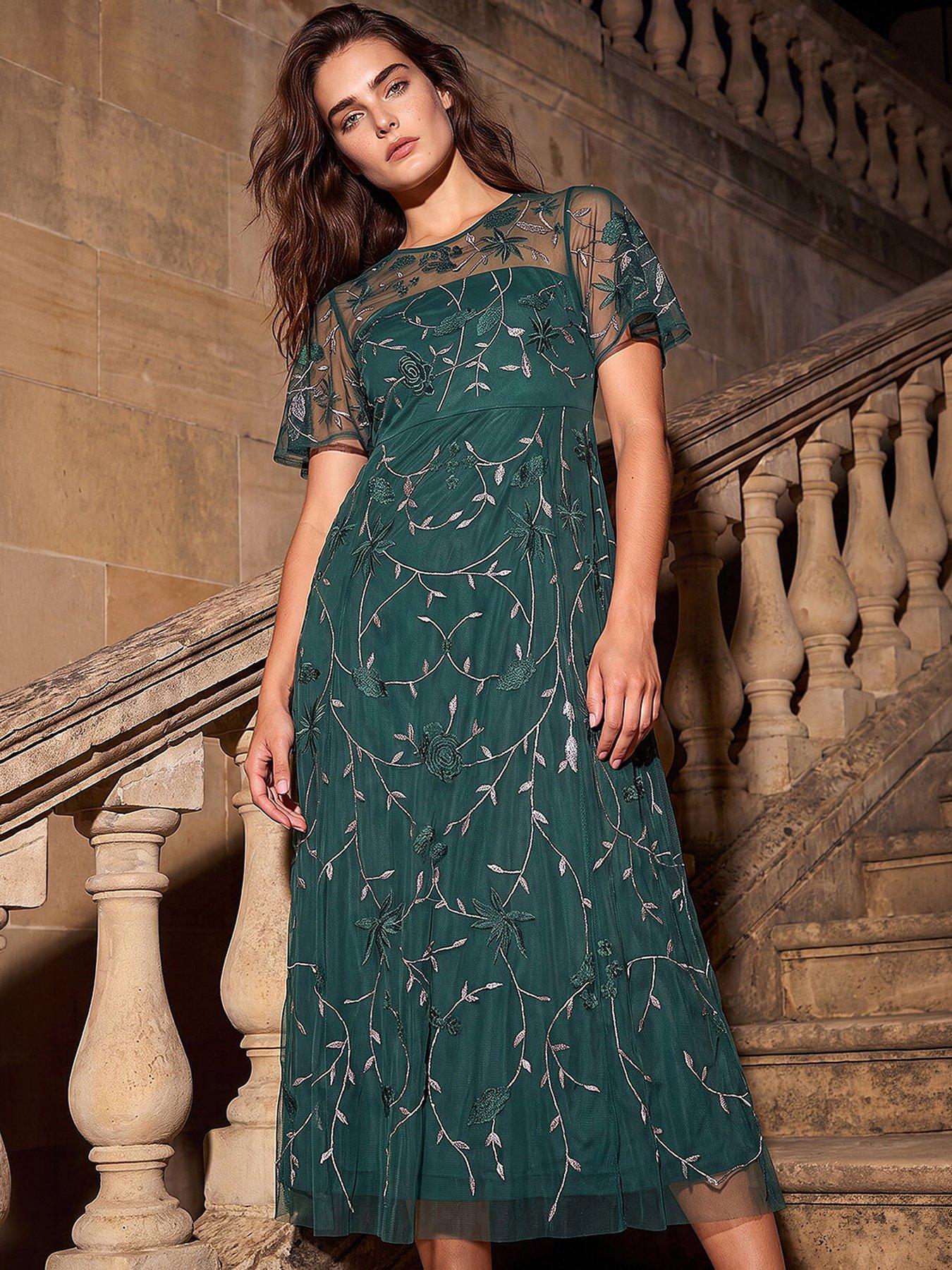 Image 1 of 3 of Roman Petite Embroidered Mesh Midi Dress