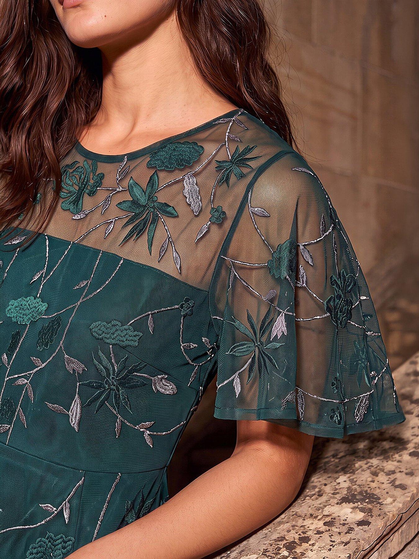 Image 2 of 3 of Roman Petite Embroidered Mesh Midi Dress