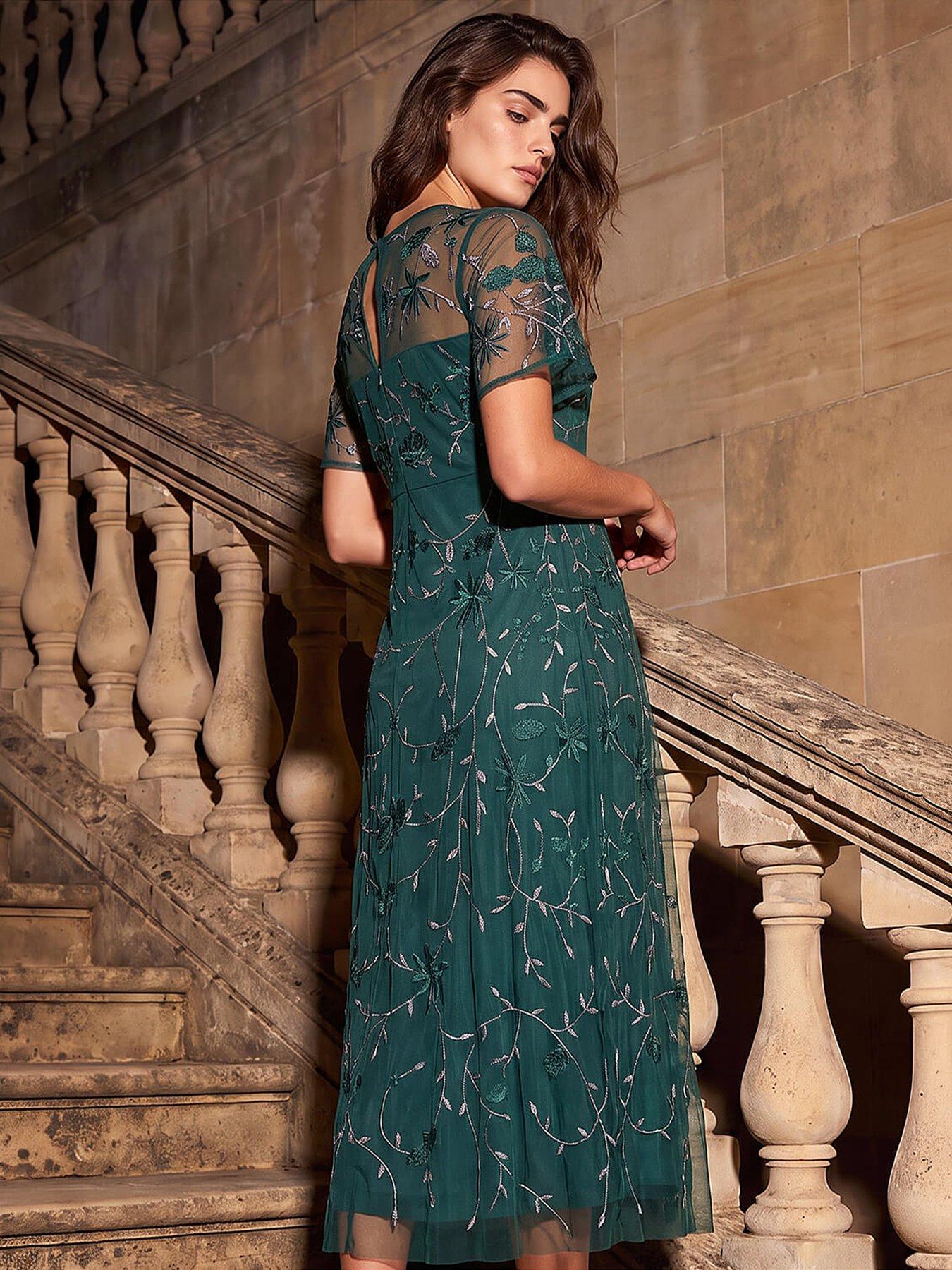 Image 3 of 3 of Roman Petite Embroidered Mesh Midi Dress