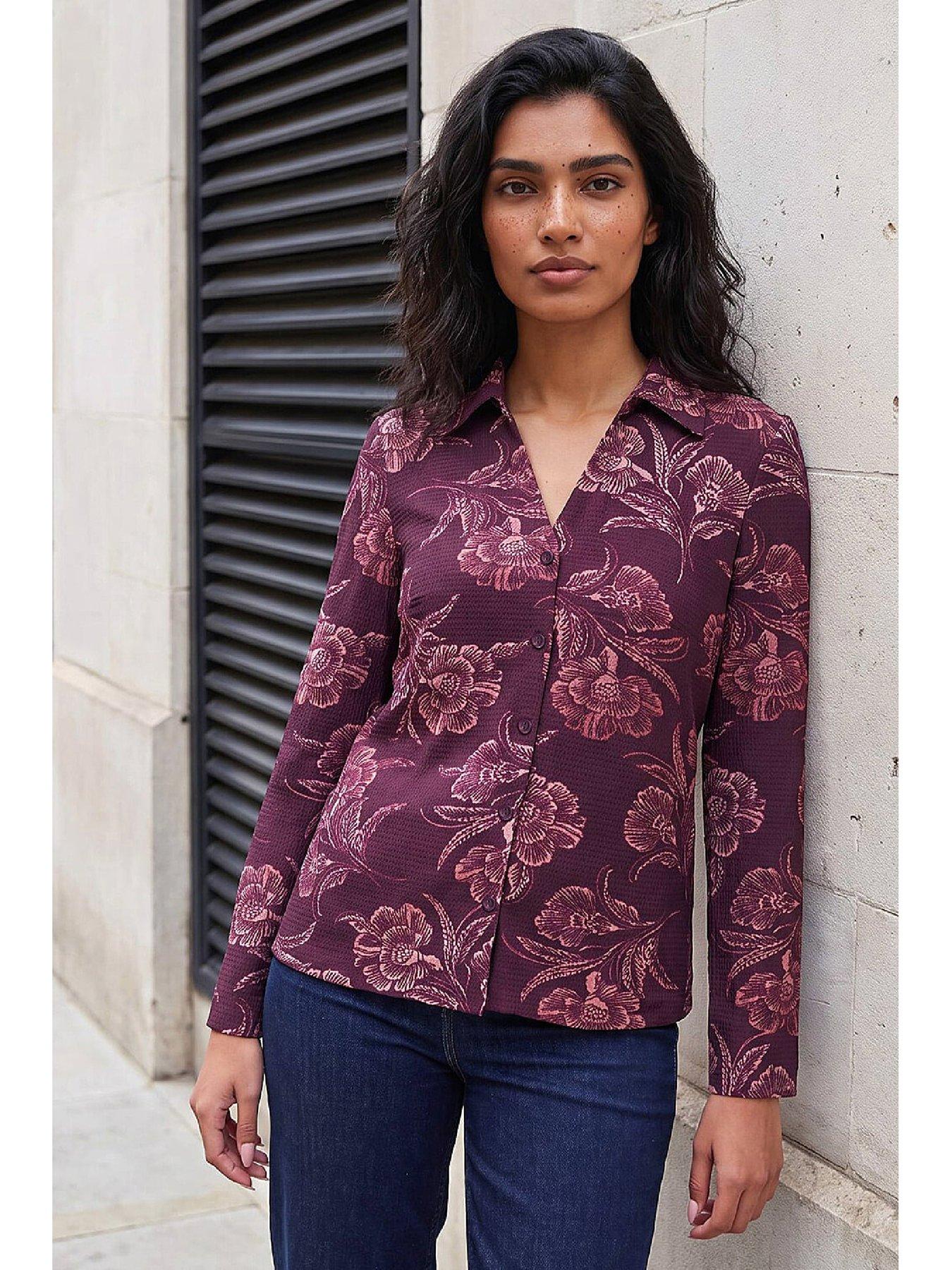 Image 1 of 4 of Roman Womens Textured Floral Print Shirt - Red