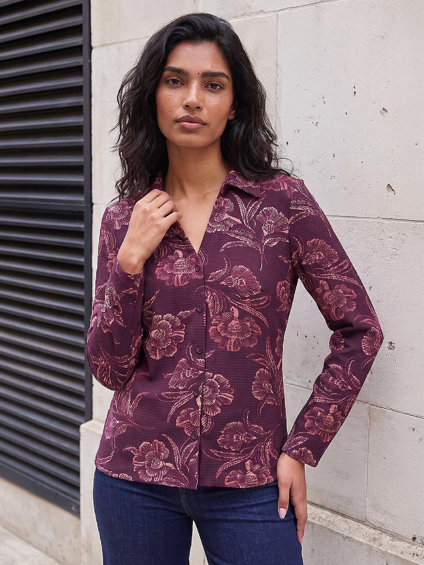Image 4 of 4 of Roman Womens Textured Floral Print Shirt - Red