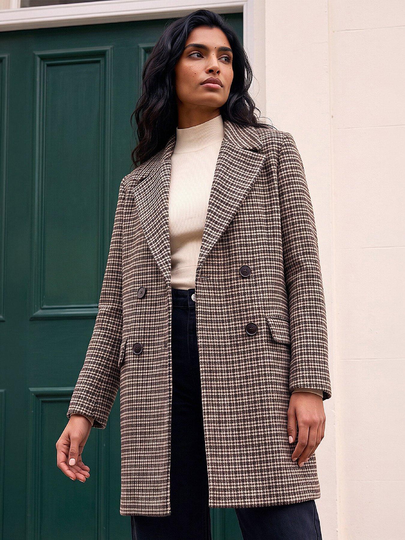 Image 1 of 4 of Roman Womens Cosy Check Double Breasted Tailored Car Coat - Multi