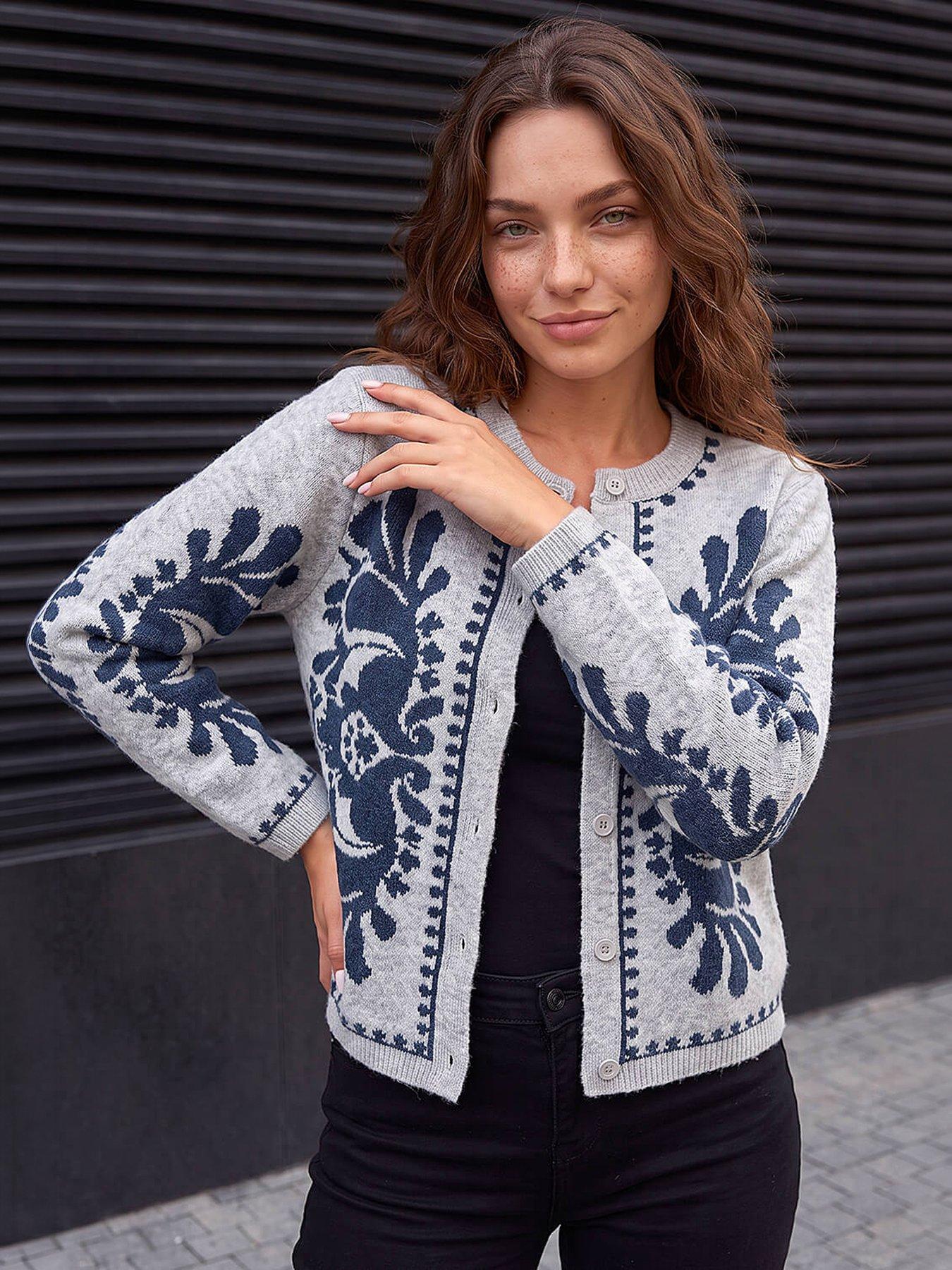 Image 1 of 3 of Roman Roman Womens Petite Abstract Cardigan - Blue
