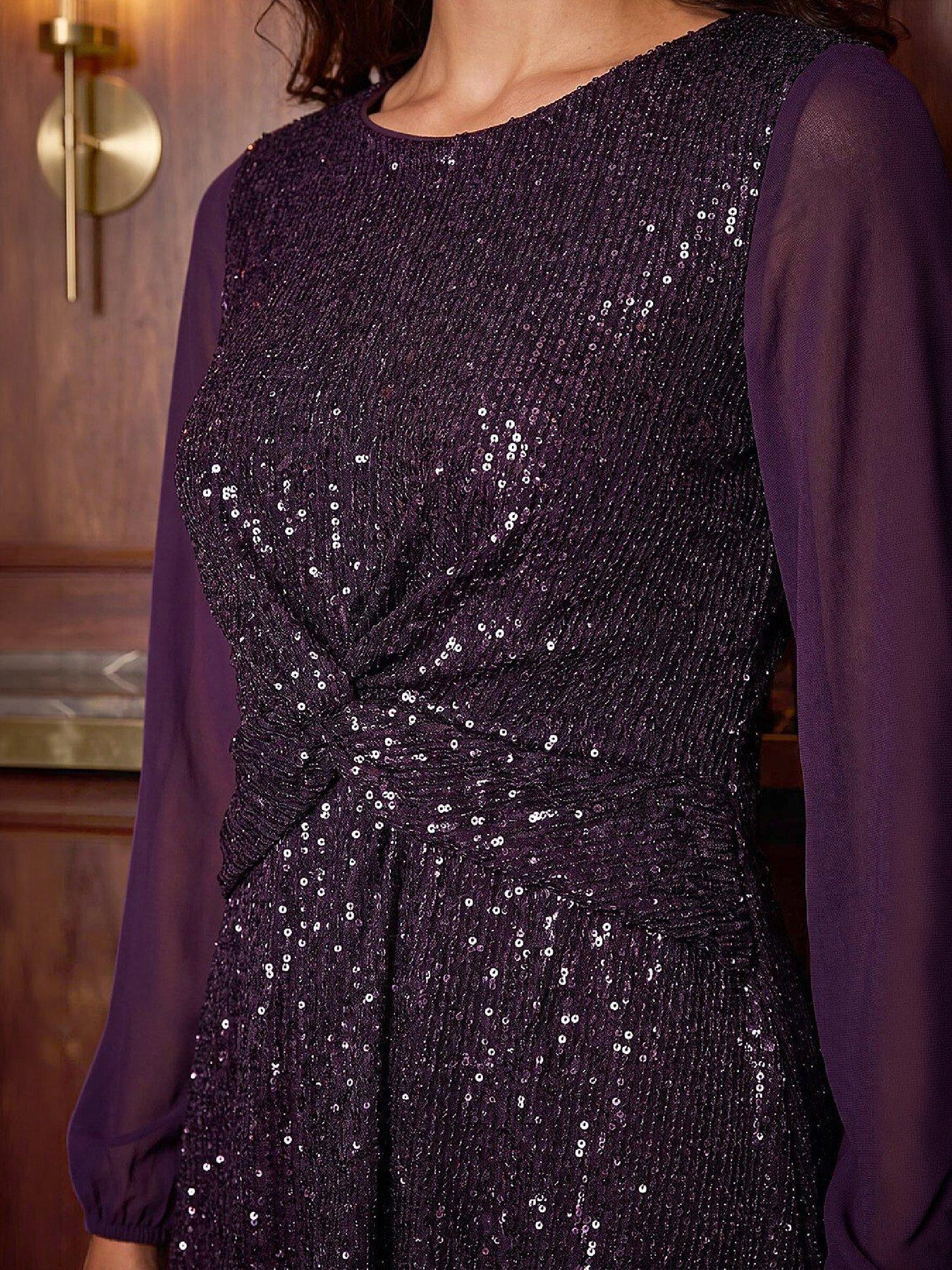 Image 2 of 4 of Roman Womens Petite Twist Sequin Dress - Plum