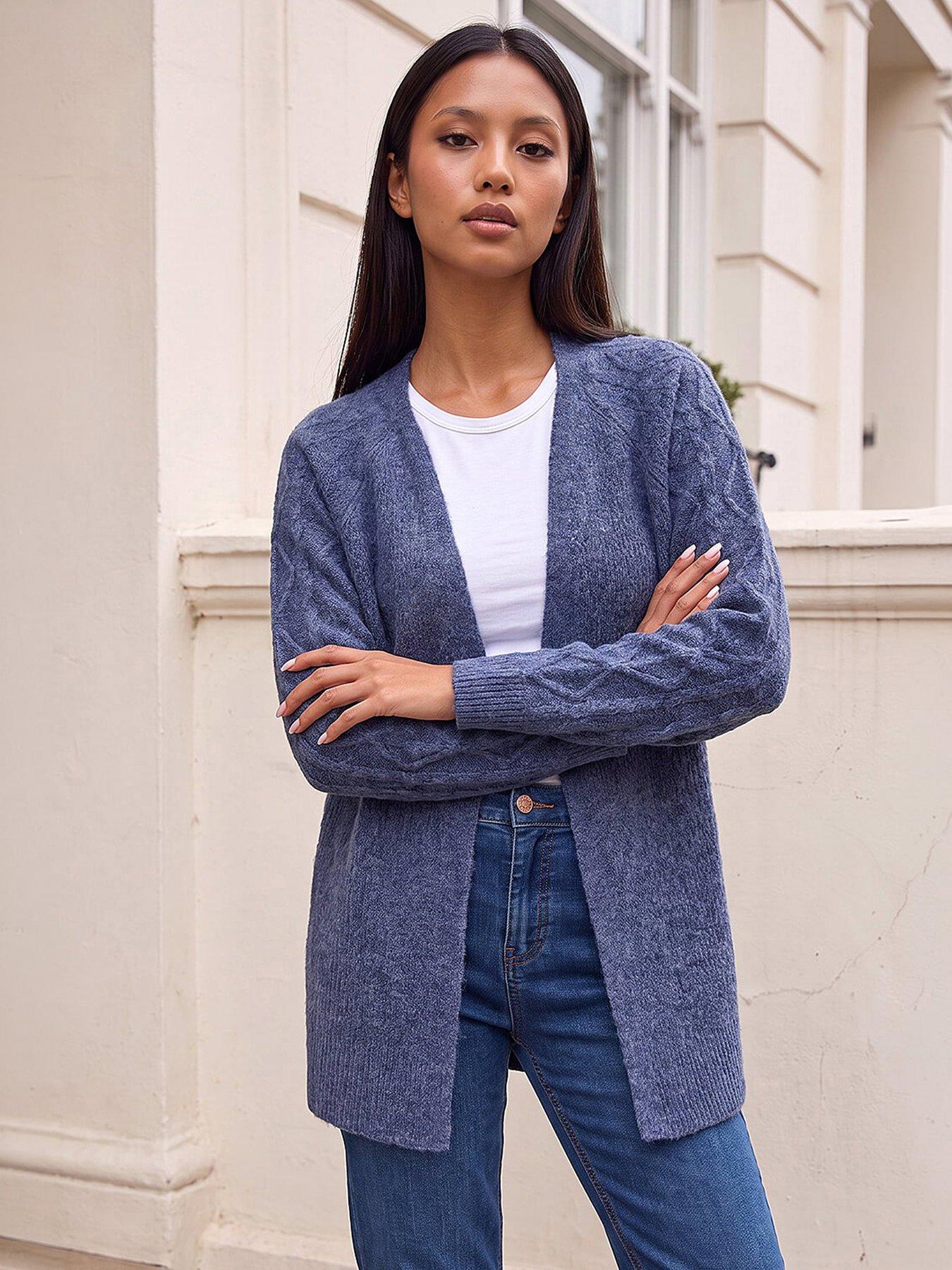 Image 1 of 4 of Roman Womens Petite Cable Textured Open Front Cardigan - Blue