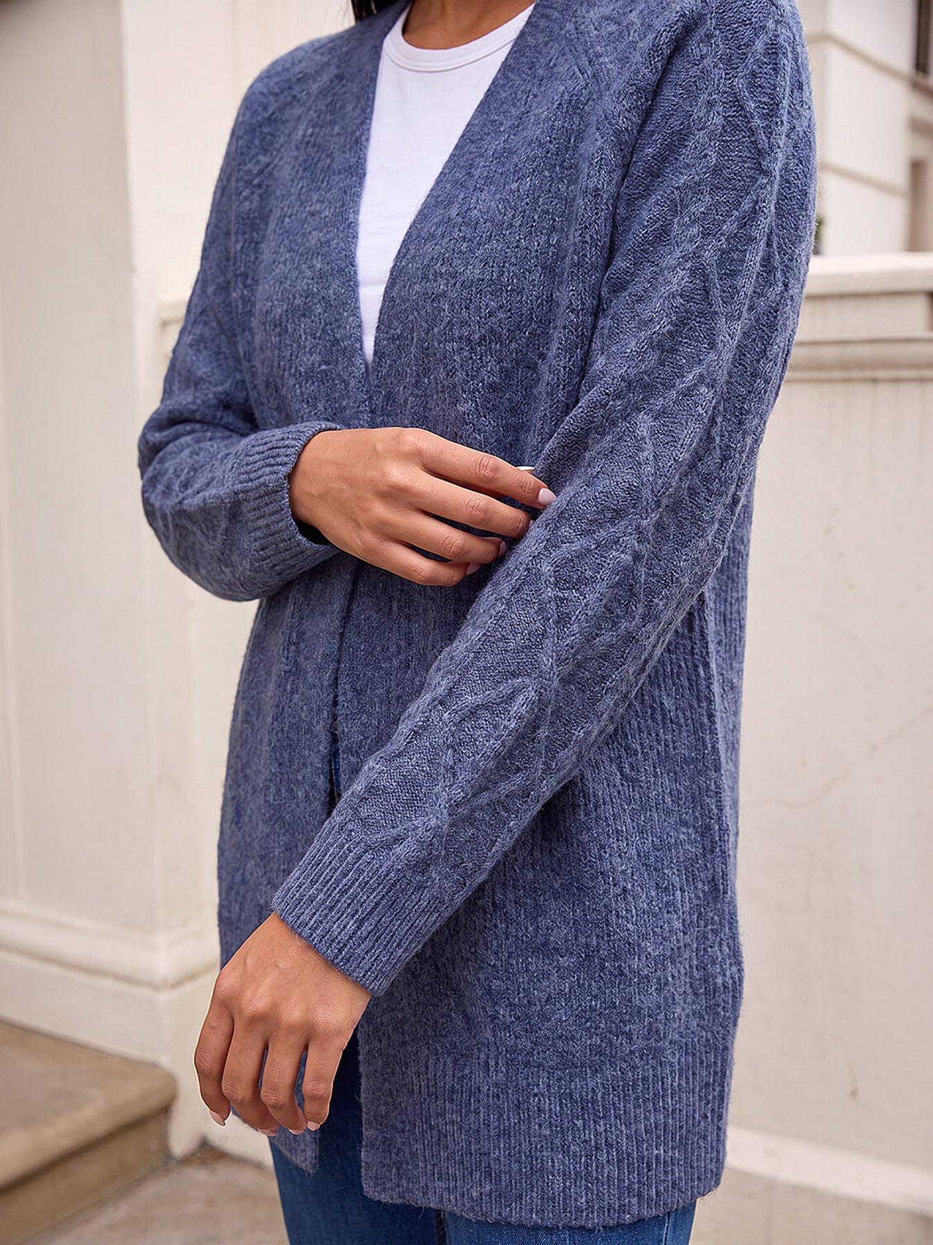 Image 2 of 4 of Roman Womens Petite Cable Textured Open Front Cardigan - Blue