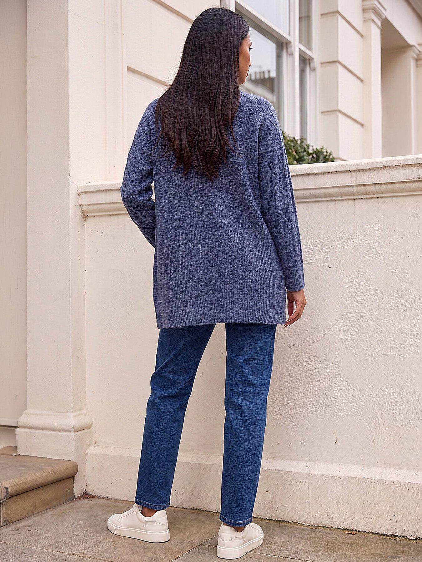 Image 3 of 4 of Roman Womens Petite Cable Textured Open Front Cardigan - Blue