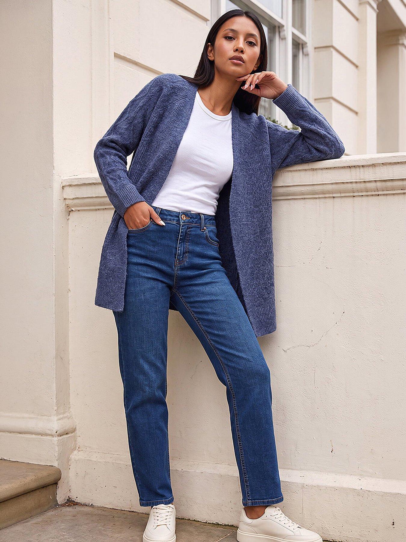 Image 4 of 4 of Roman Womens Petite Cable Textured Open Front Cardigan - Blue
