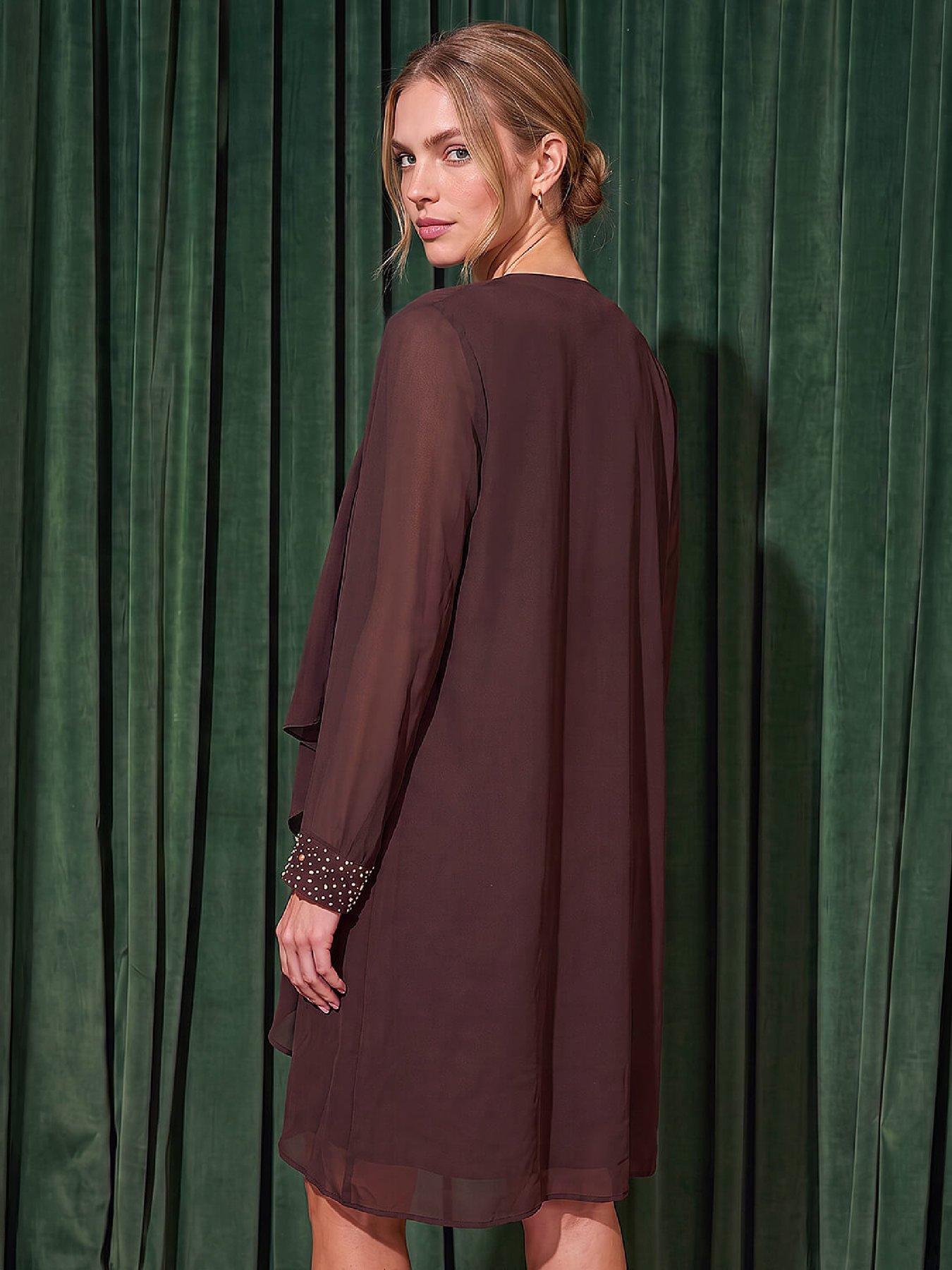 Image 2 of 4 of Roman Womens Sparkle Diamante Neckline Shift Dress With Shrug - Brown