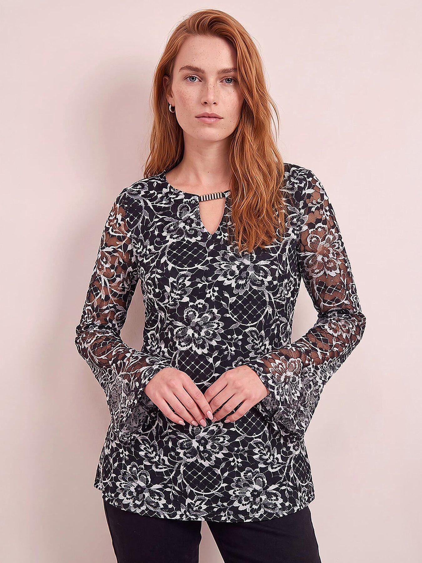 Image 1 of 4 of Roman Womens Mixed Lace Keyhole Neck Fluted Cuff Top - Black
