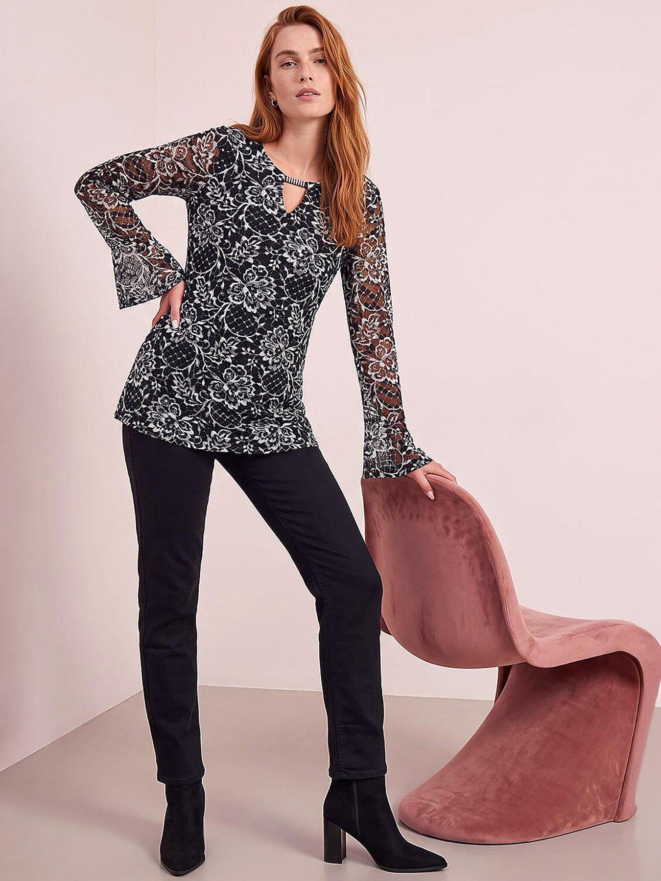 Image 4 of 4 of Roman Womens Mixed Lace Keyhole Neck Fluted Cuff Top - Black