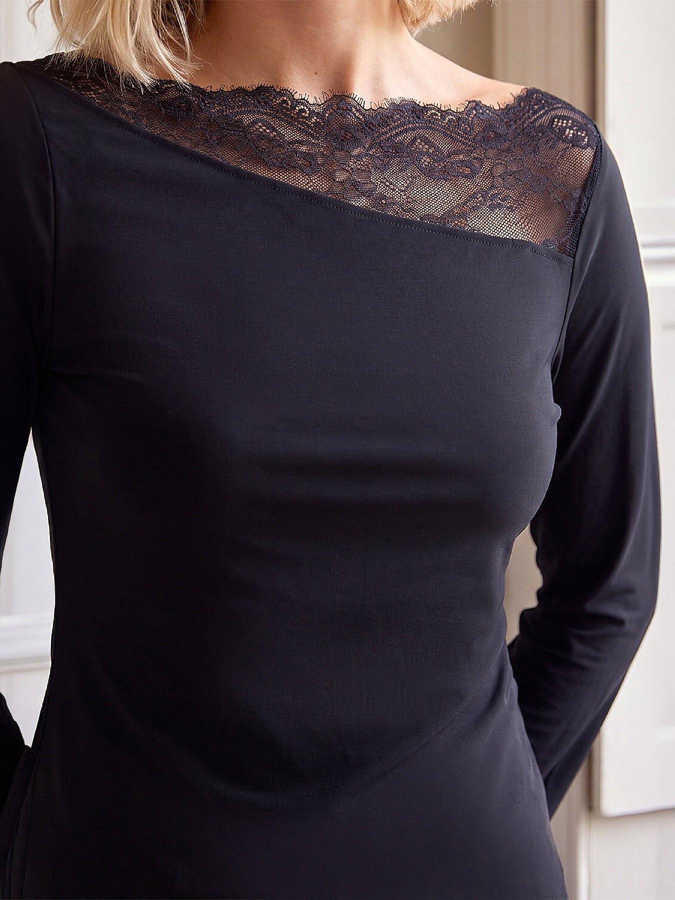 Image 2 of 4 of Roman Womens Asymmetric Lace Stretch Blouse - Black