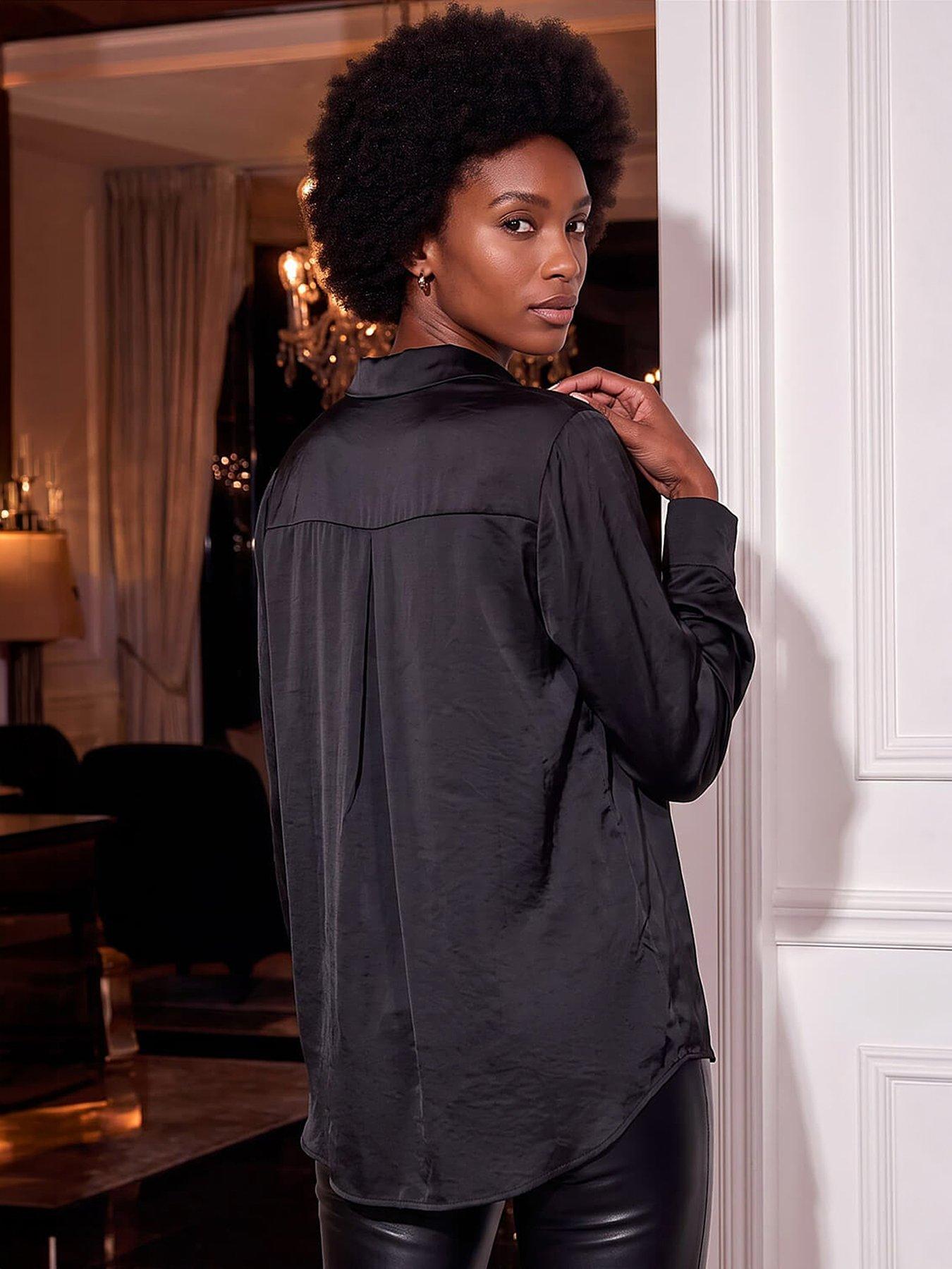 Image 2 of 4 of Roman Womens Embellished V-Neck Satin-Look Blouse - Black