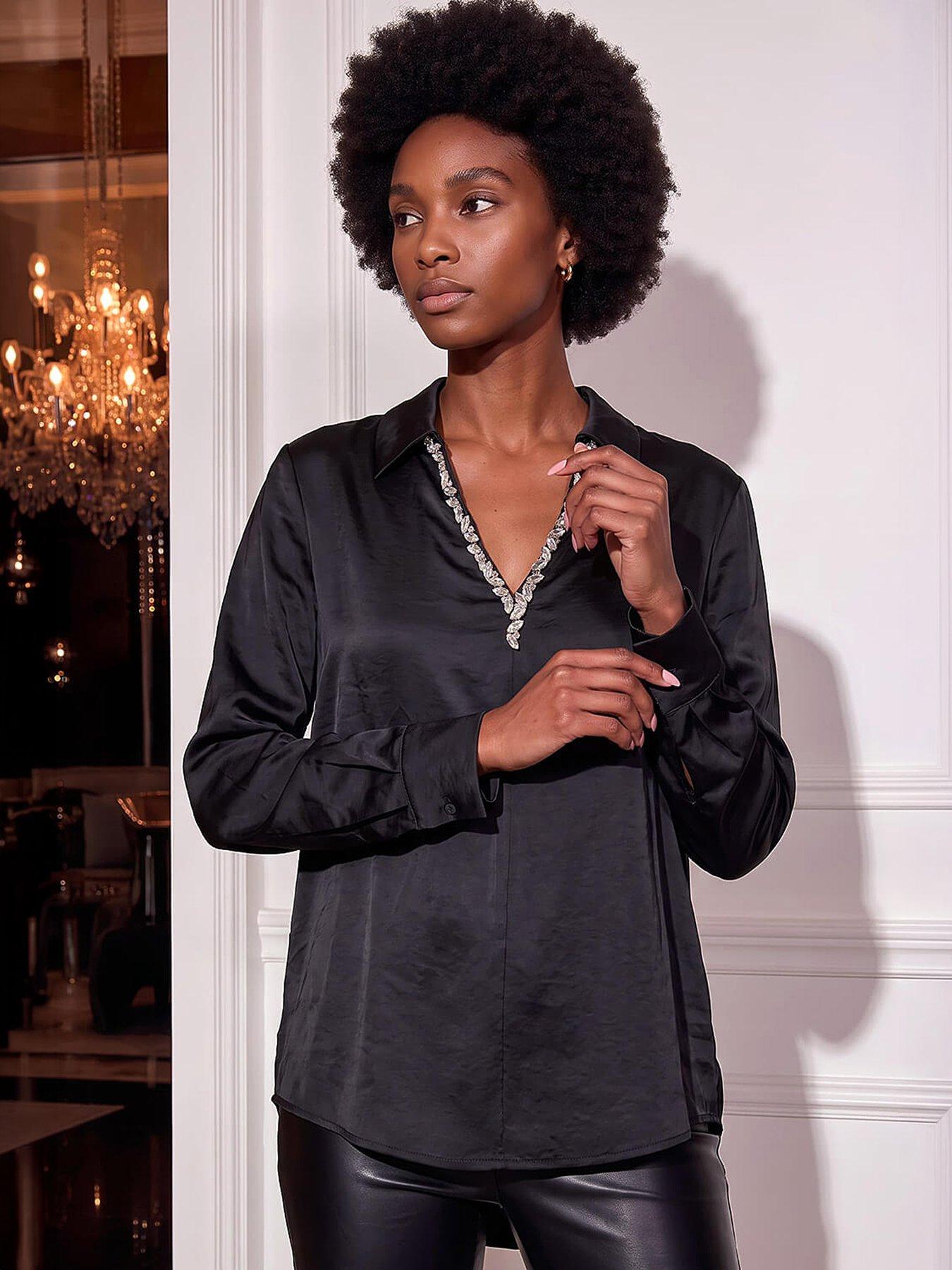 Image 4 of 4 of Roman Womens Embellished V-Neck Satin-Look Blouse - Black