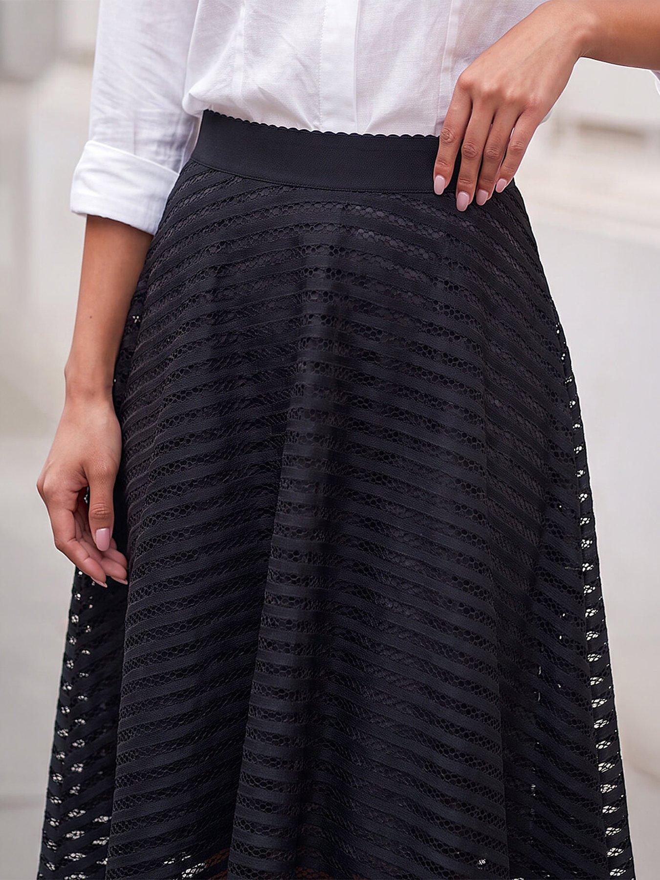 Image 1 of 4 of Roman Womens Lace Overlay A-Line Below Knee Skirt - Black