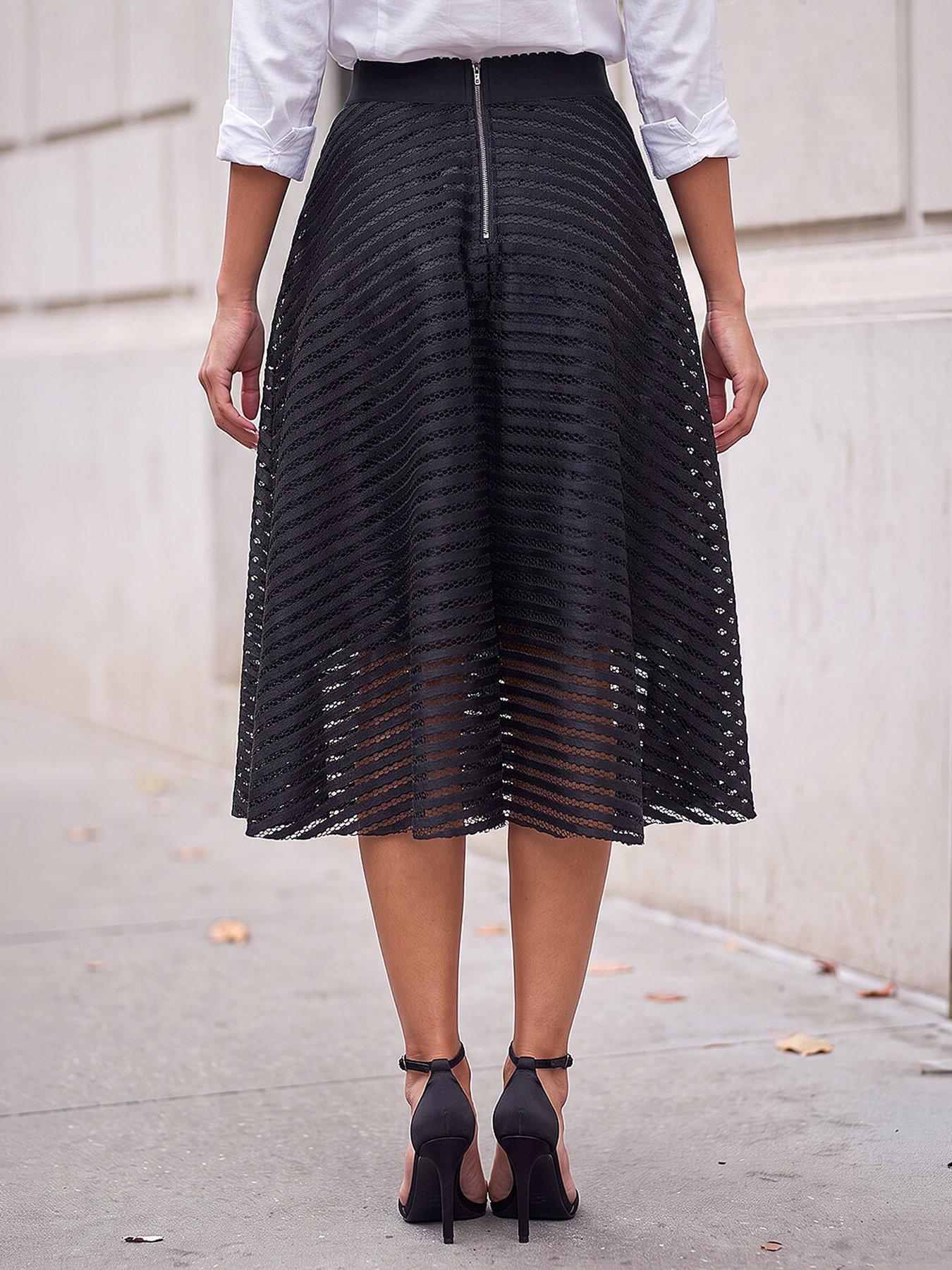 Image 2 of 4 of Roman Womens Lace Overlay A-Line Below Knee Skirt - Black