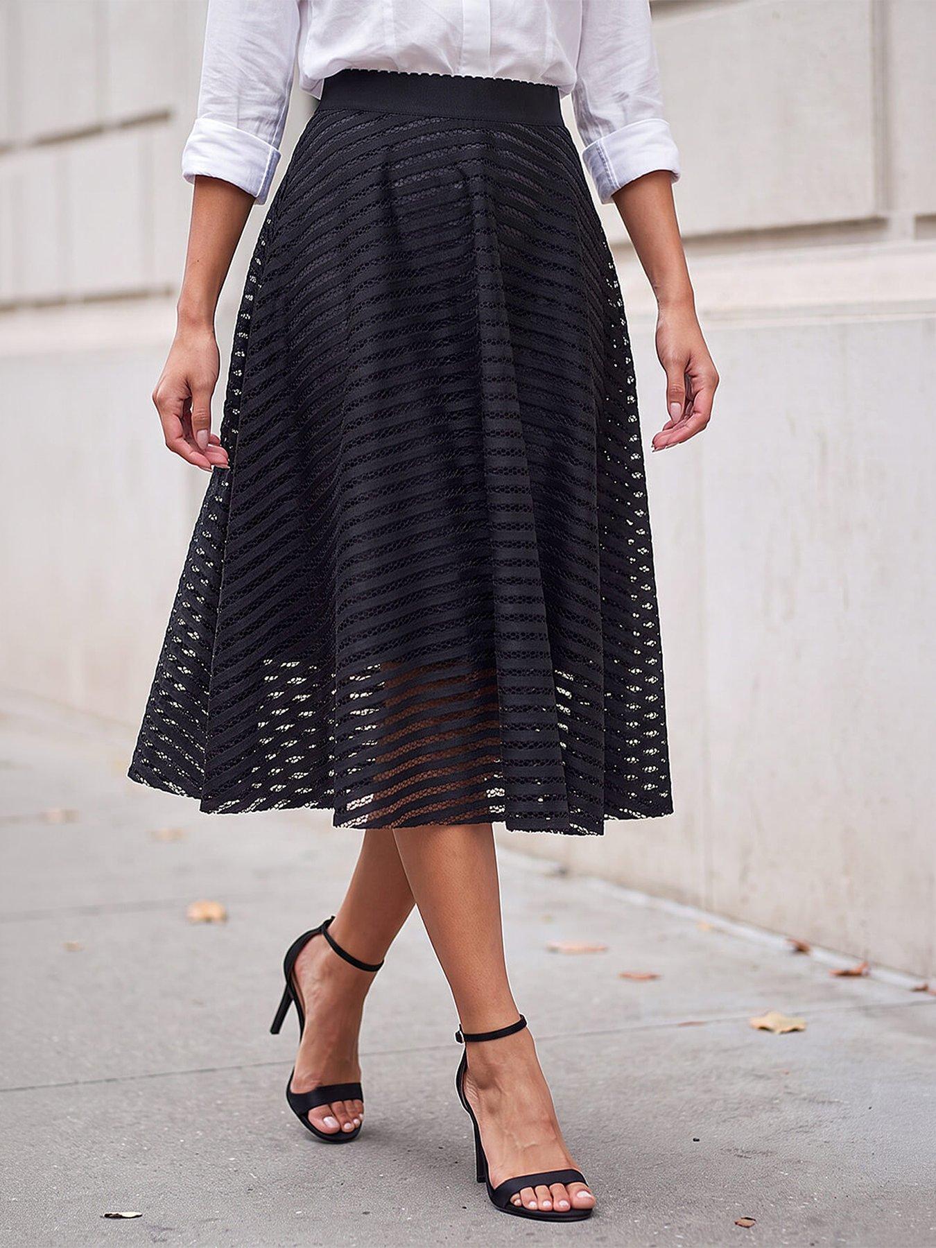 Image 4 of 4 of Roman Womens Lace Overlay A-Line Below Knee Skirt - Black