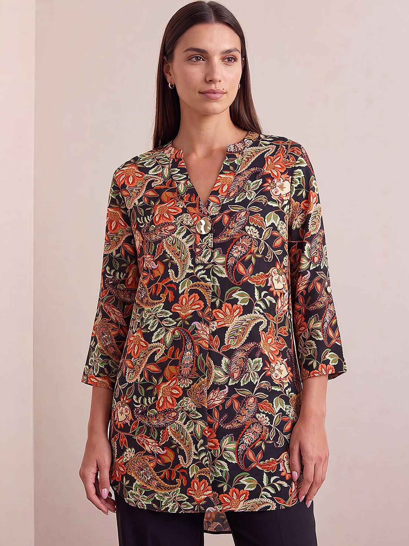 Image 1 of 4 of Roman Womens Paisley Longline Button Front Blouse - Orange