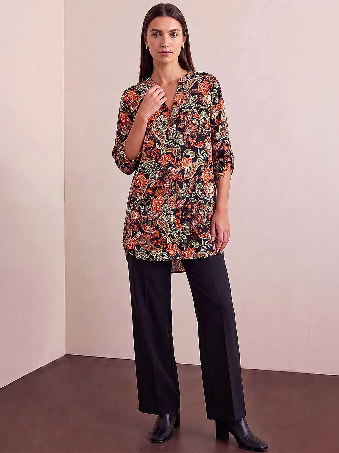 Image 3 of 4 of Roman Womens Paisley Longline Button Front Blouse - Orange