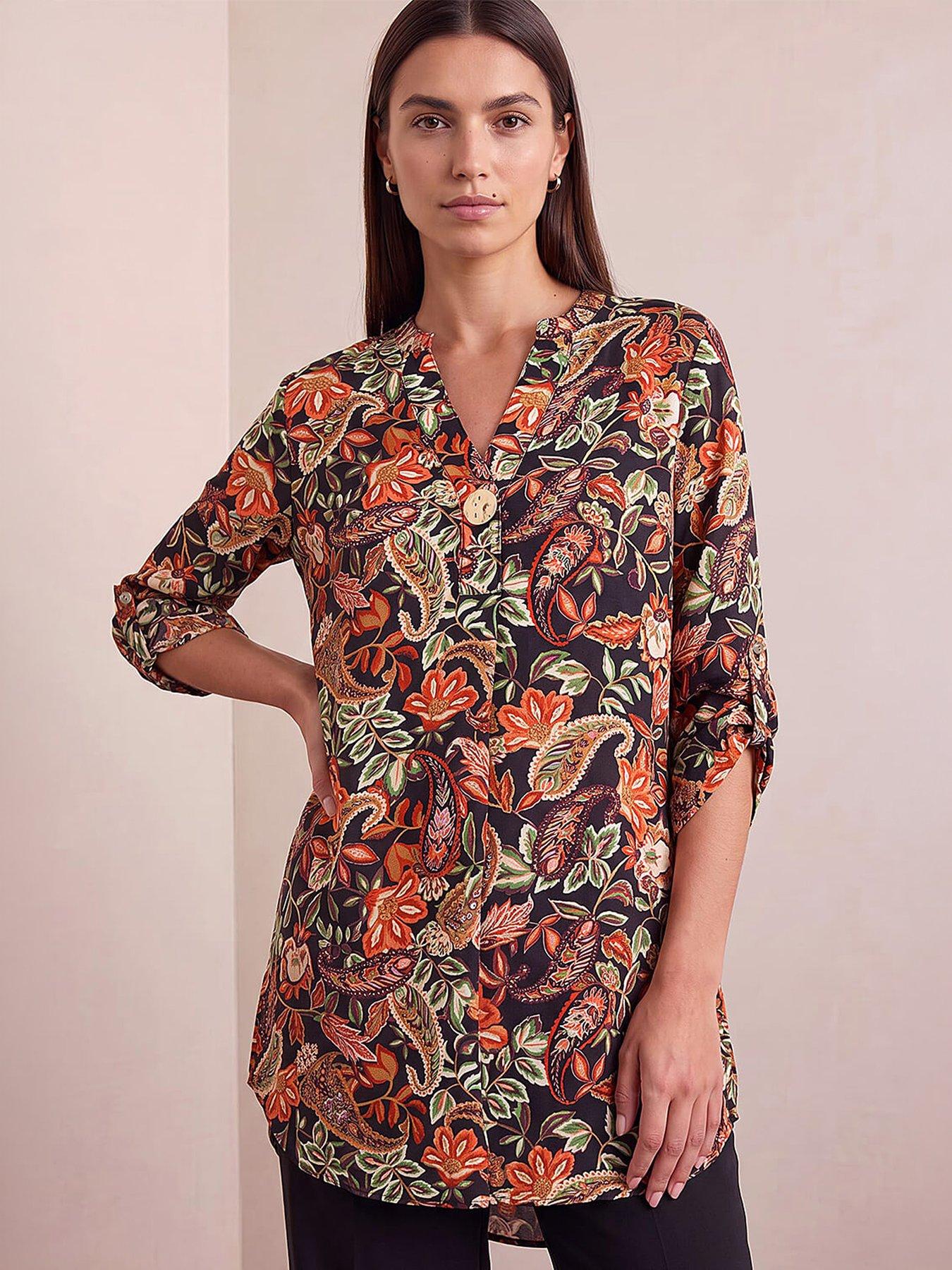 Image 4 of 4 of Roman Womens Paisley Longline Button Front Blouse - Orange