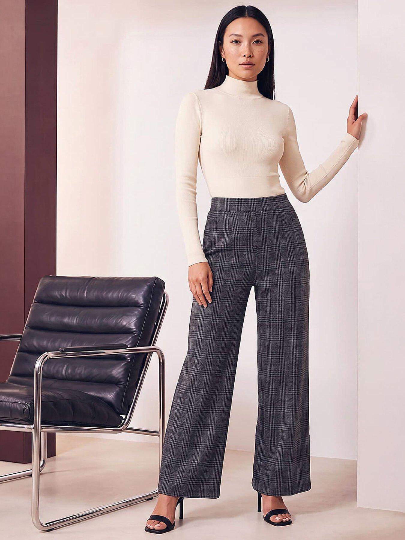 Image 4 of 4 of Roman Womens Pull-On Wide Leg Check Trousers - Grey