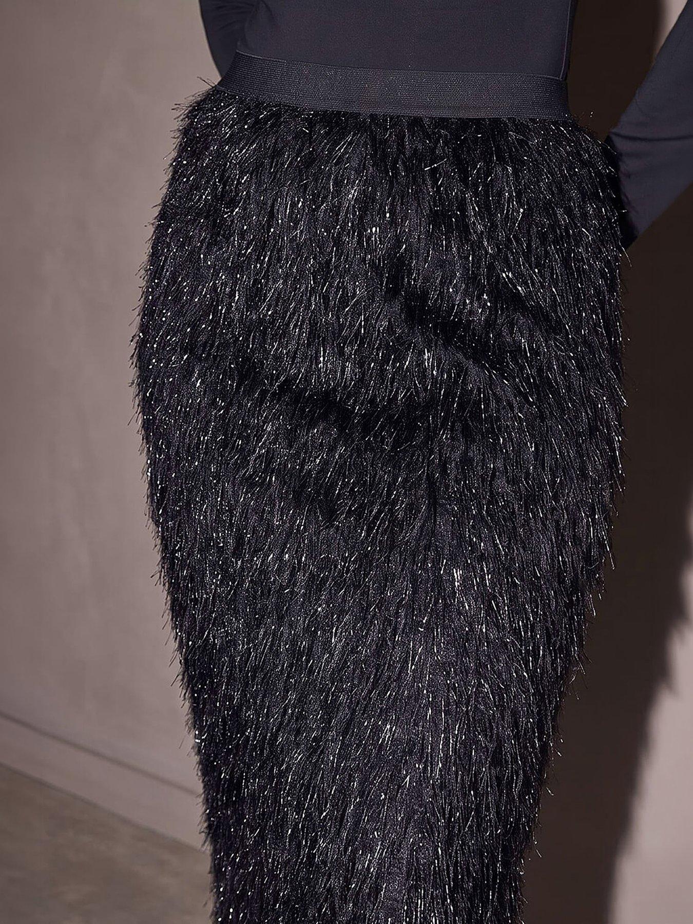 Image 2 of 4 of Roman Womens Fringe Pencil Midi Skirt - Black
