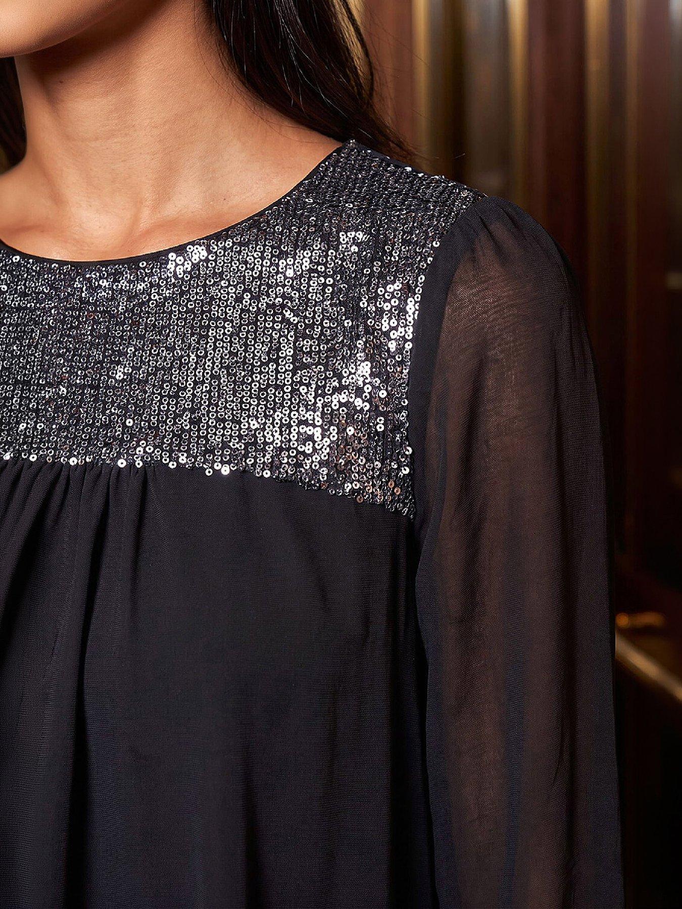 Image 2 of 4 of Roman Womens Petite Sequin Blouson V-Back Top- Black
