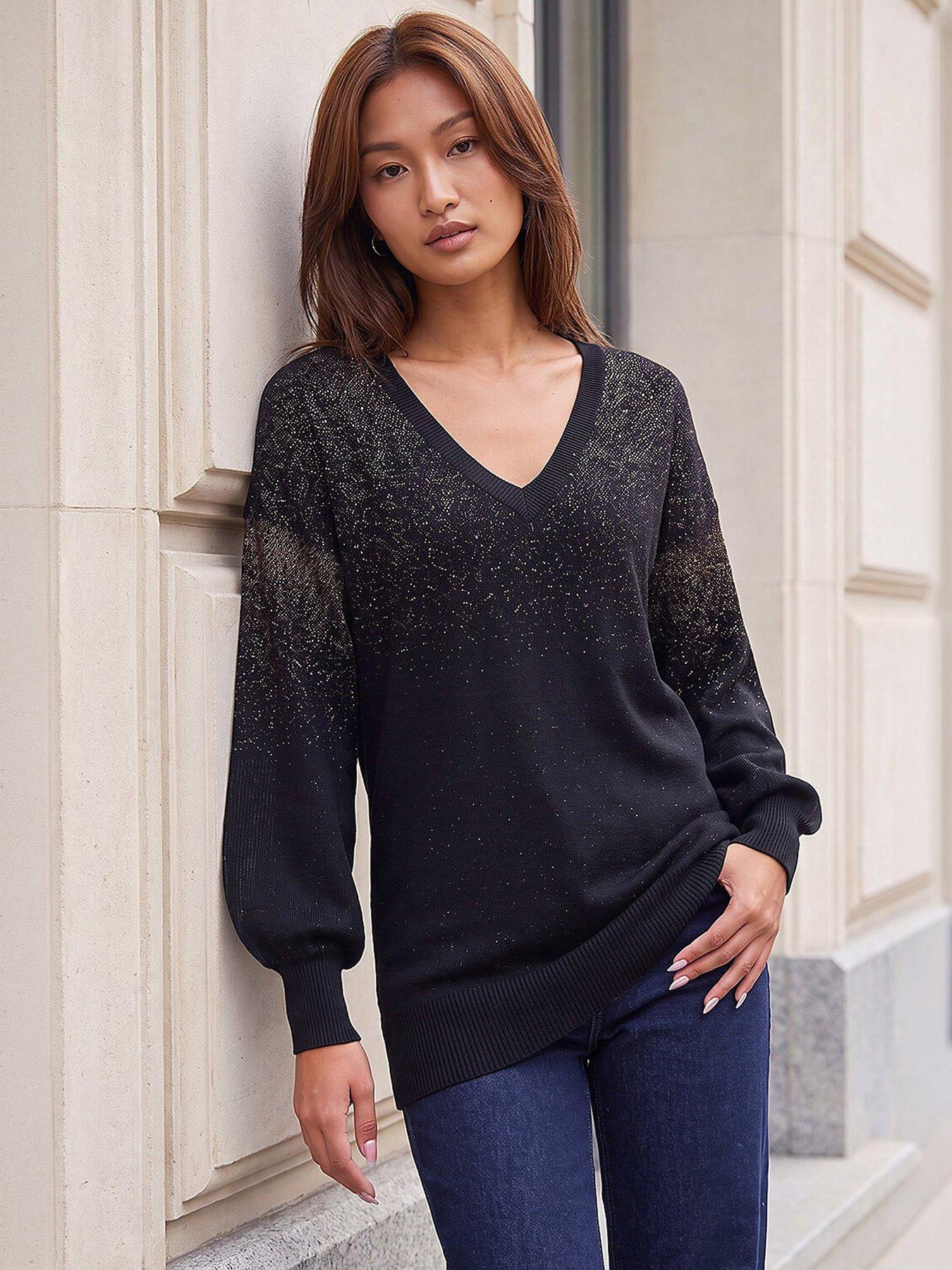 Image 1 of 4 of Roman Womens Metallic Boyfriend V-Neck Soft-Touch Jumper - Black