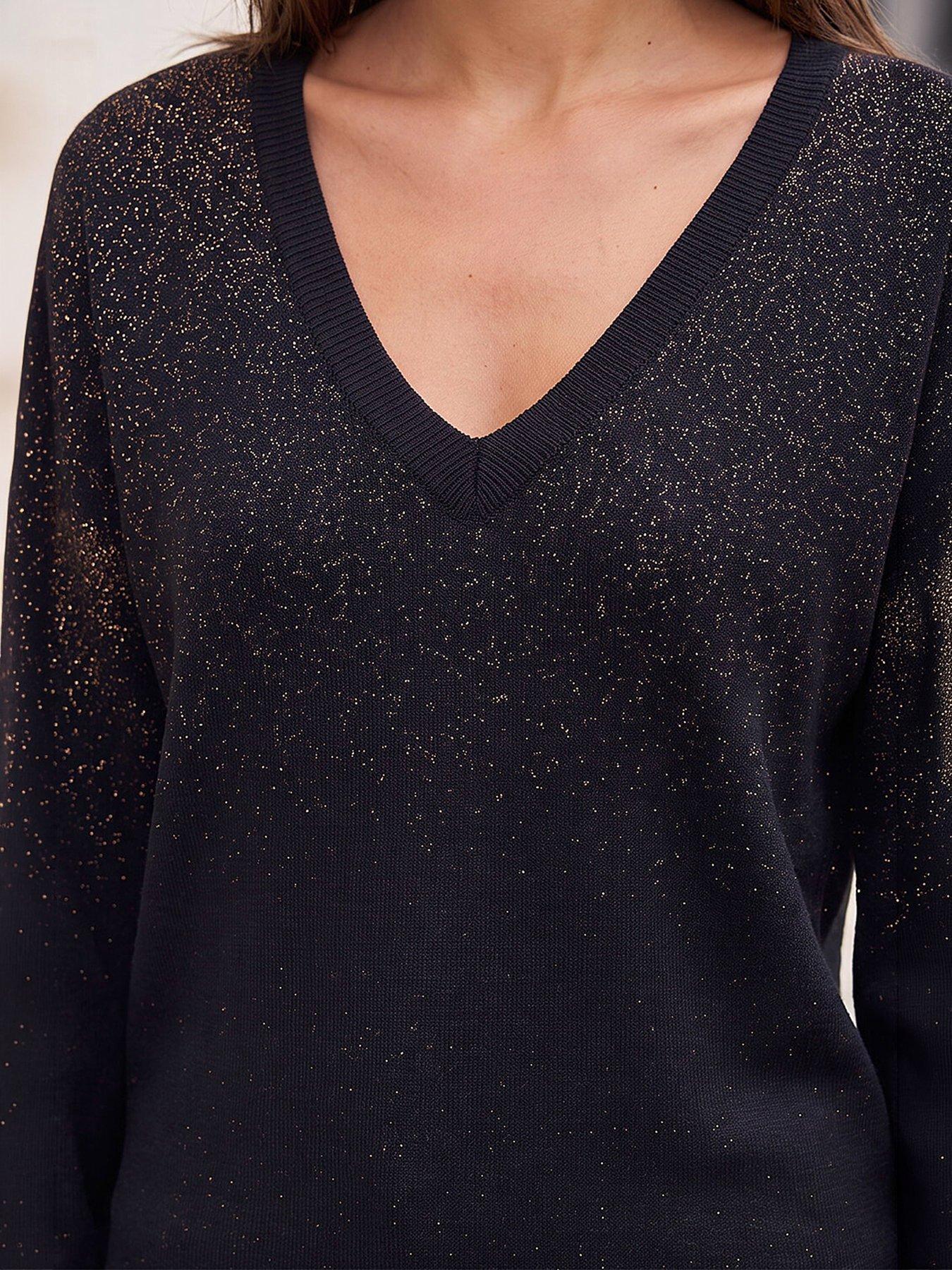 Image 2 of 4 of Roman Womens Metallic Boyfriend V-Neck Soft-Touch Jumper - Black