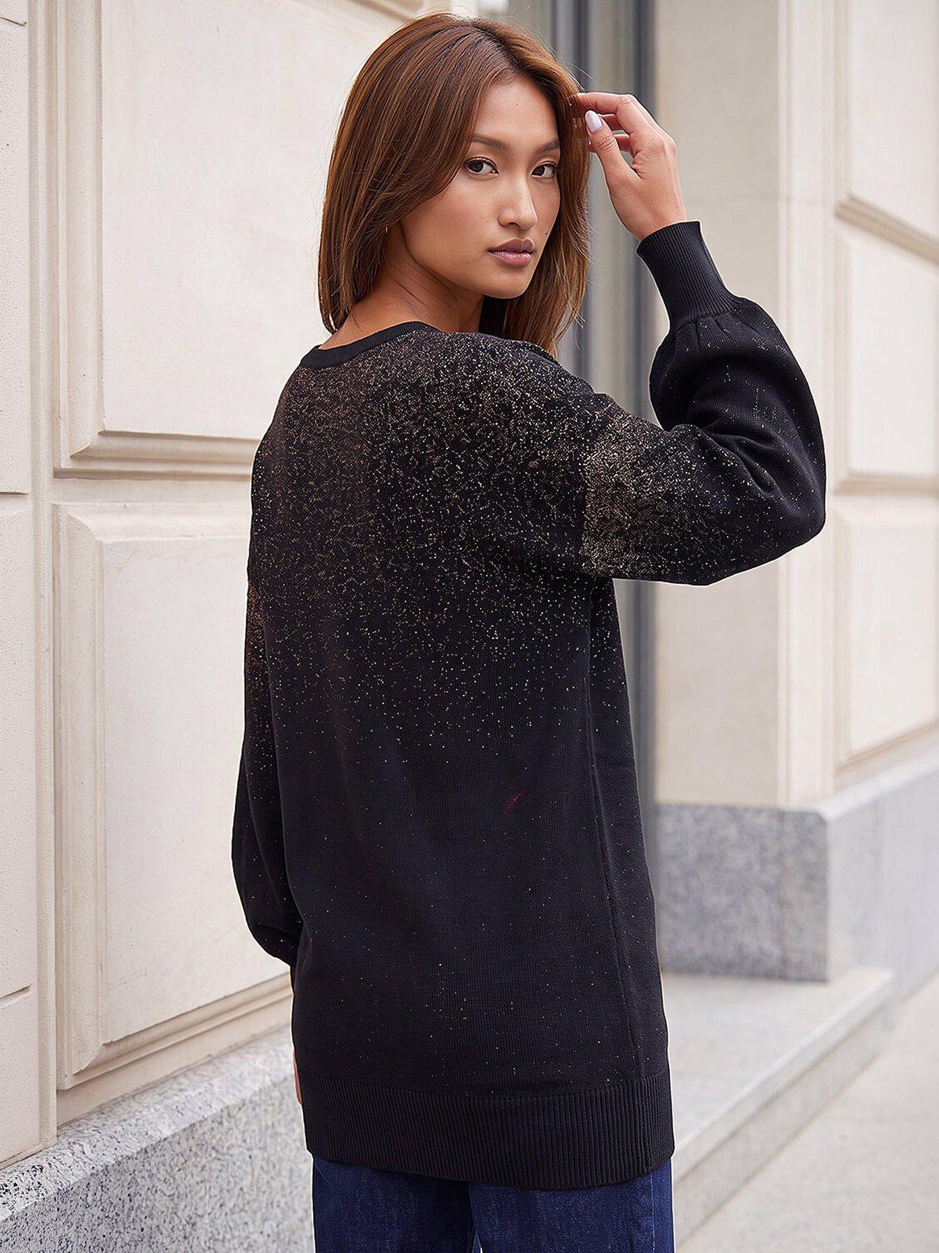 Image 3 of 4 of Roman Womens Metallic Boyfriend V-Neck Soft-Touch Jumper - Black