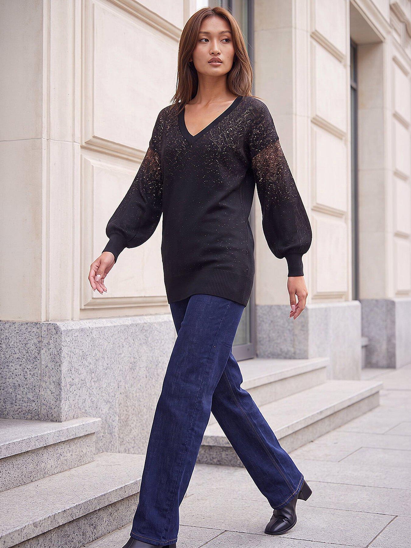 Image 4 of 4 of Roman Womens Metallic Boyfriend V-Neck Soft-Touch Jumper - Black