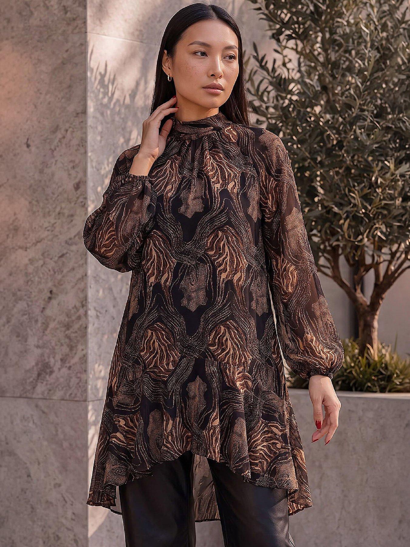 Image 1 of 4 of Roman Womens Animal Print Longline Fluted Hem Tunic - Brown