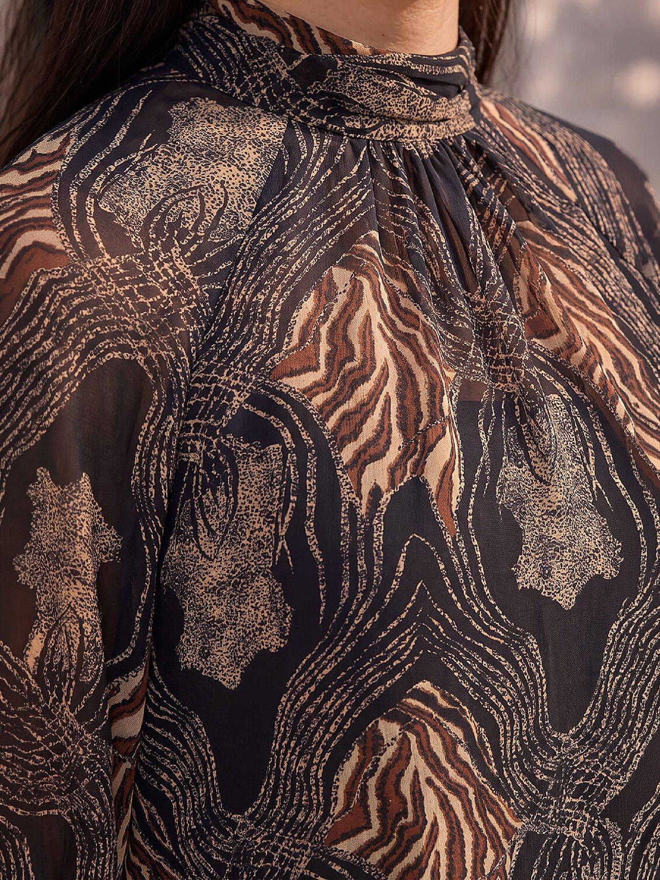 Image 2 of 4 of Roman Womens Animal Print Longline Fluted Hem Tunic - Brown