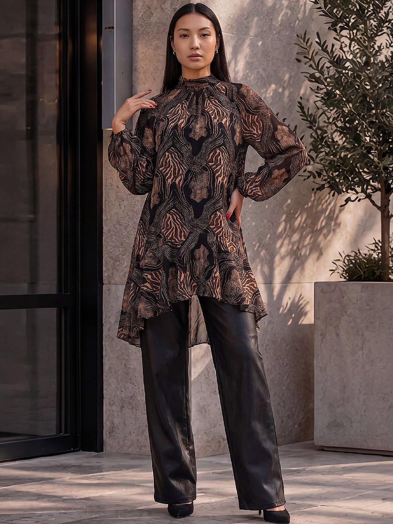 Image 4 of 4 of Roman Womens Animal Print Longline Fluted Hem Tunic - Brown