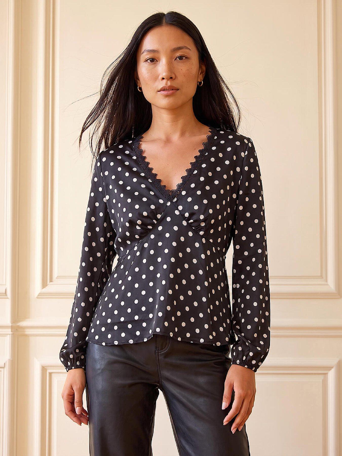 Image 1 of 3 of Roman Womens Spot Lace Trim V-Neck Blouse - Black
