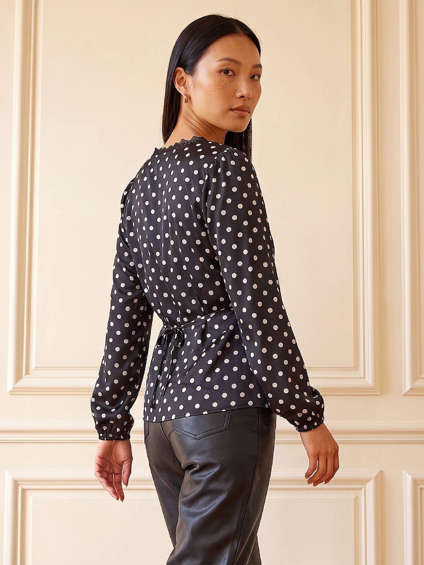 Image 3 of 3 of Roman Womens Spot Lace Trim V-Neck Blouse - Black