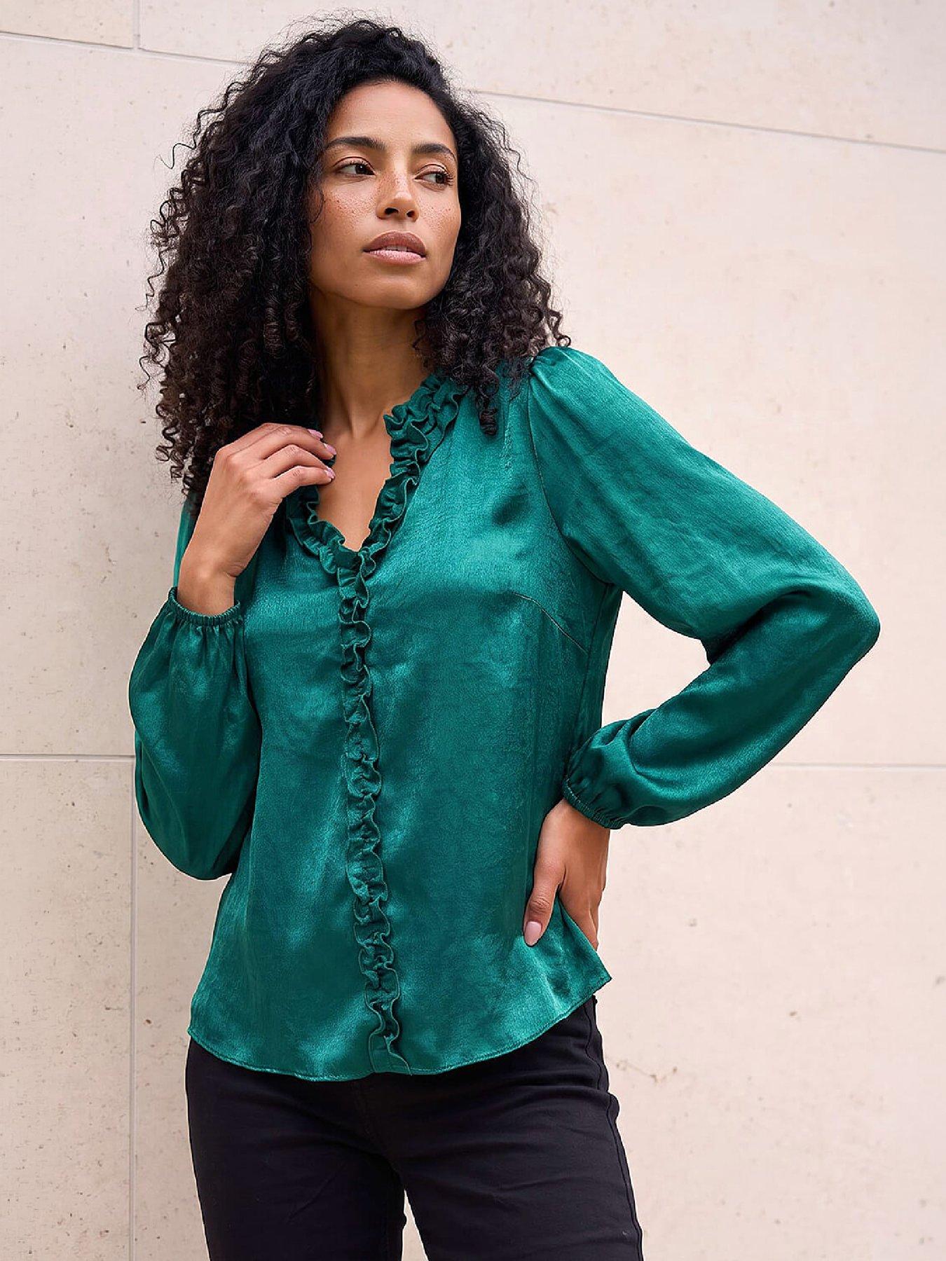 Image 1 of 4 of Roman Crinkle Satin Frill V-neck Top