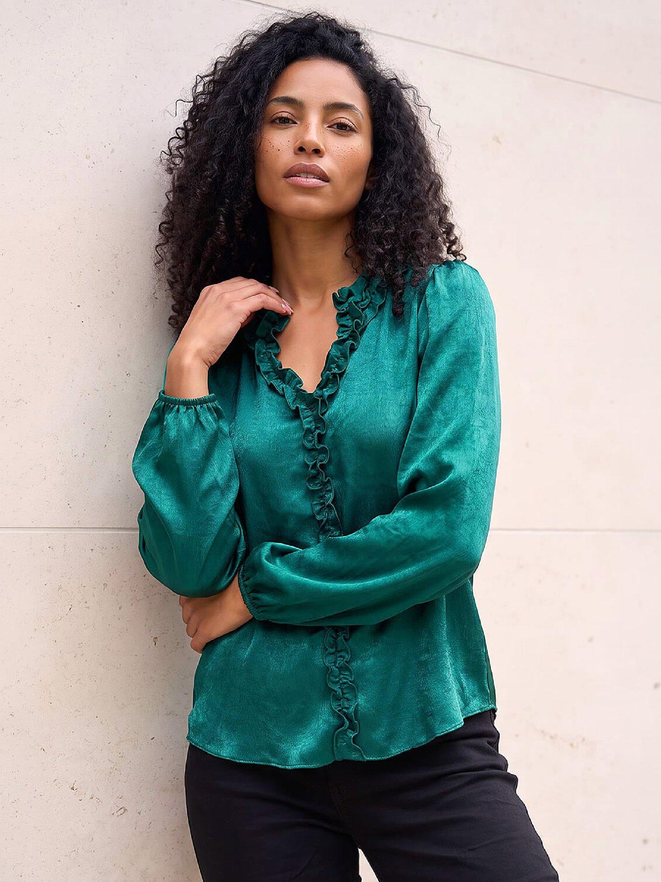 Image 3 of 4 of Roman Crinkle Satin Frill V-neck Top