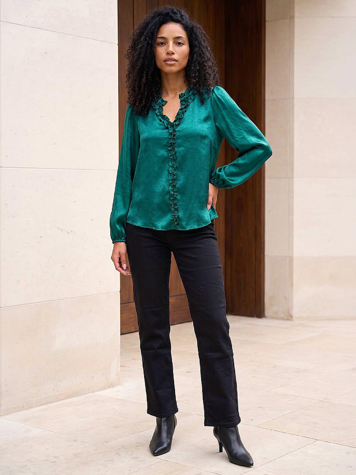 Image 4 of 4 of Roman Crinkle Satin Frill V-neck Top