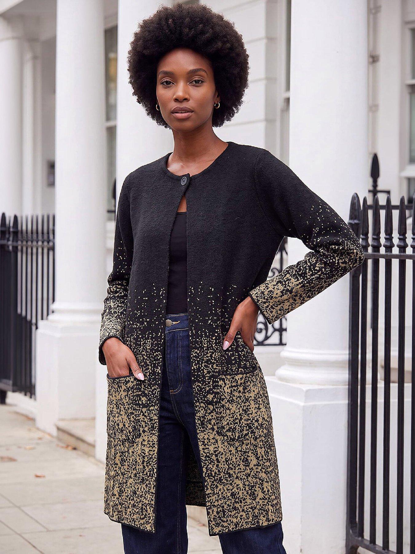 Image 1 of 4 of Roman Womens Shimmer Buttoned Longline Cardigan - Black