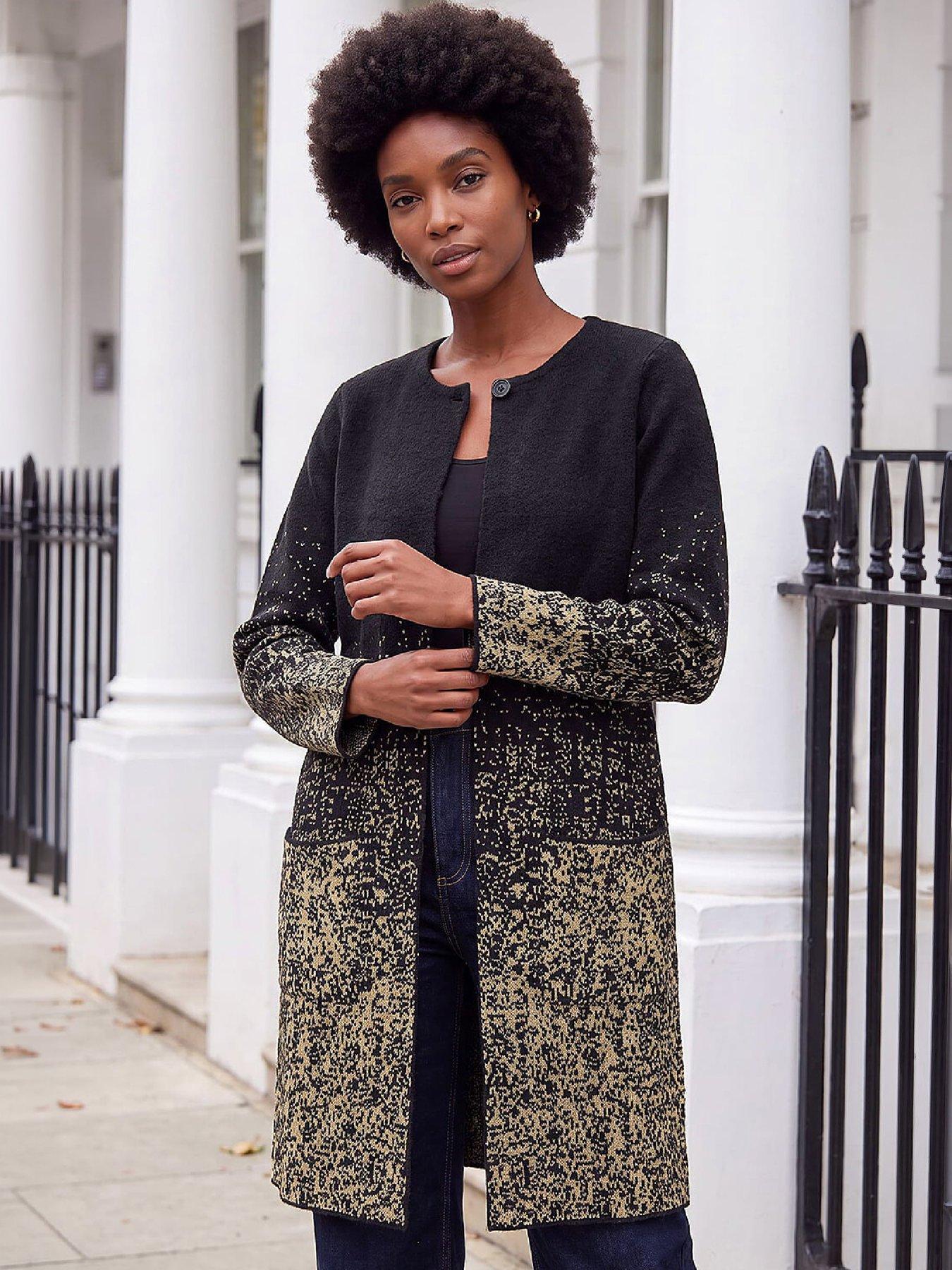 Image 3 of 4 of Roman Womens Shimmer Buttoned Longline Cardigan - Black