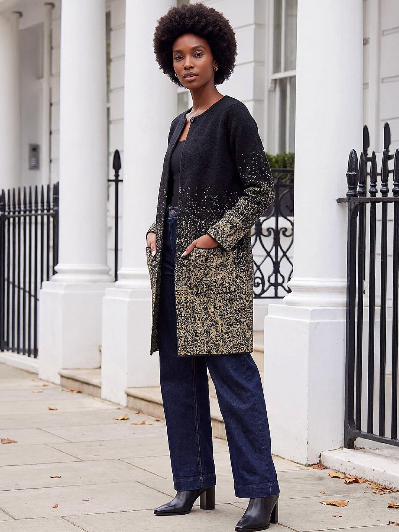 Image 4 of 4 of Roman Womens Shimmer Buttoned Longline Cardigan - Black